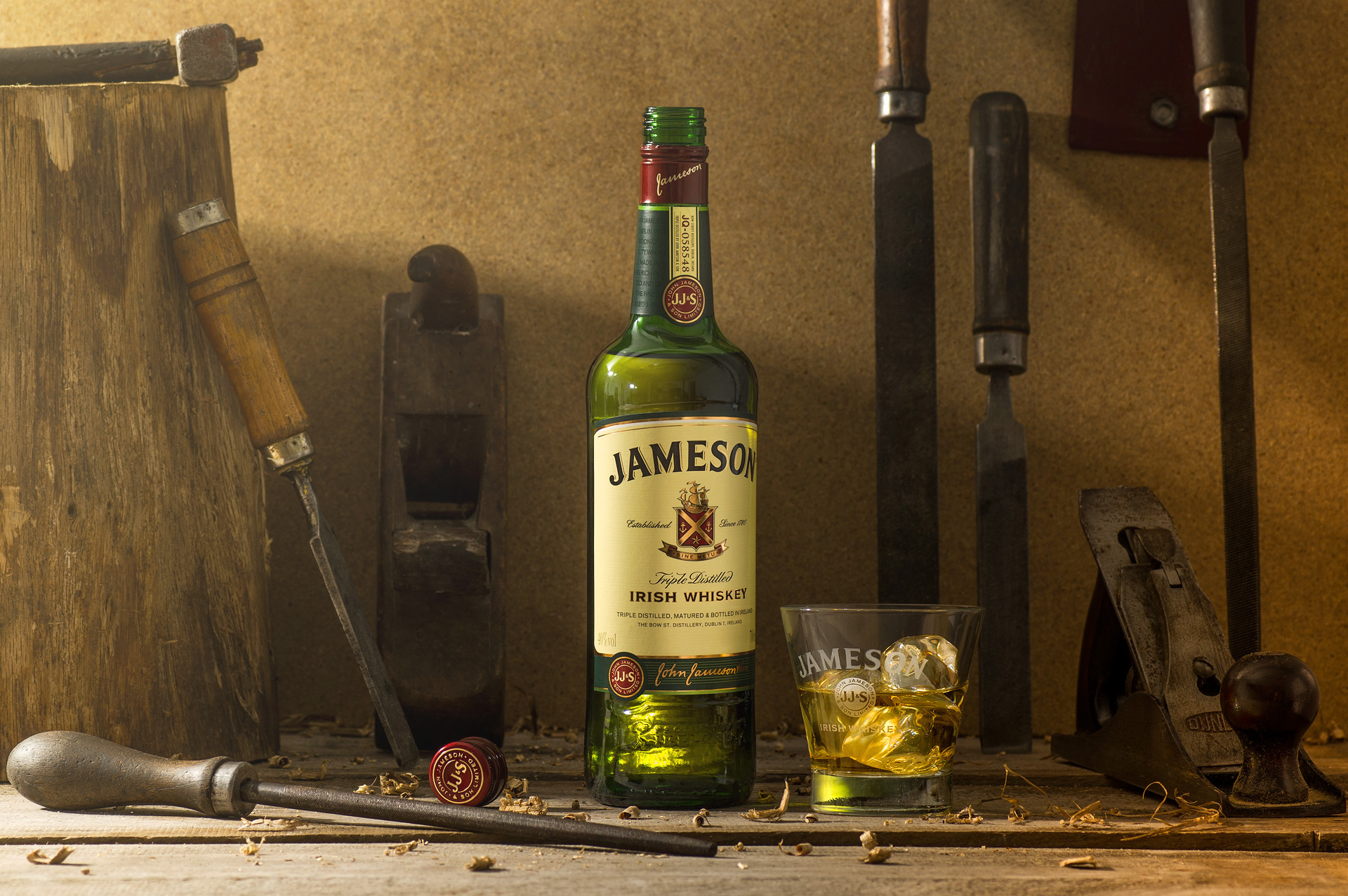 Bottles Alcohol Jameson Whiskey Drinking Glass Ice Cubes Still Life Wood Hammer 1920x1277