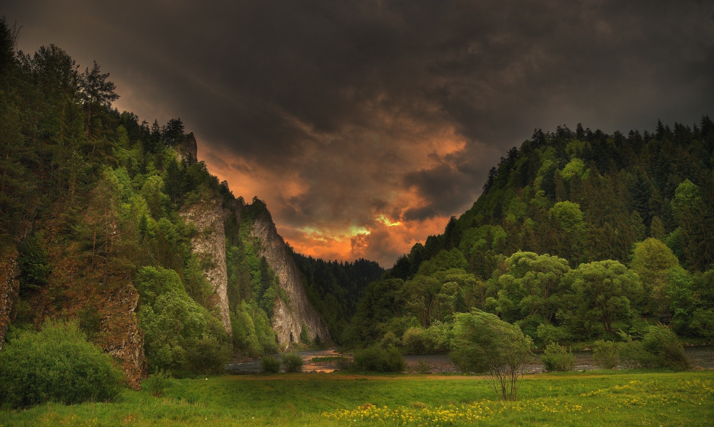 Spring River Storm Clouds Forest Hills Trees Grass Wildflowers Nature Cliff Landscape 2500x1495