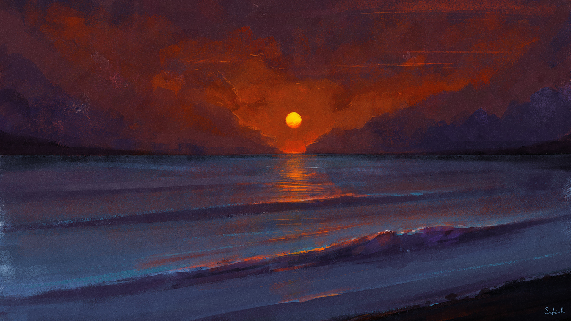 Digital Art Landscape Sea Sunset Painting Sephiroth 1920x1080