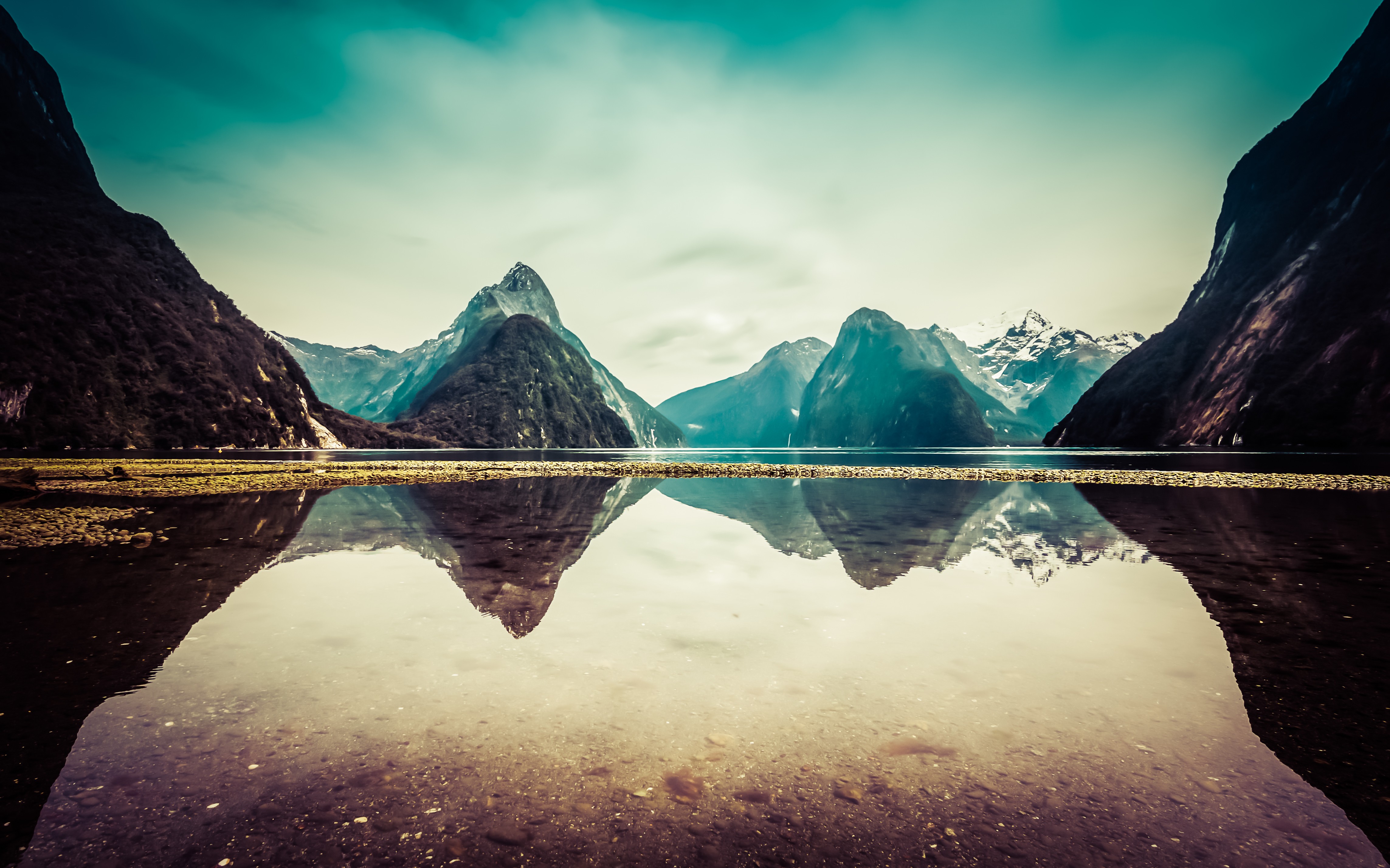 Milford Sound New Zealand Lake Reflection Clouds Snow Mountains Nature Calm 4573x2858