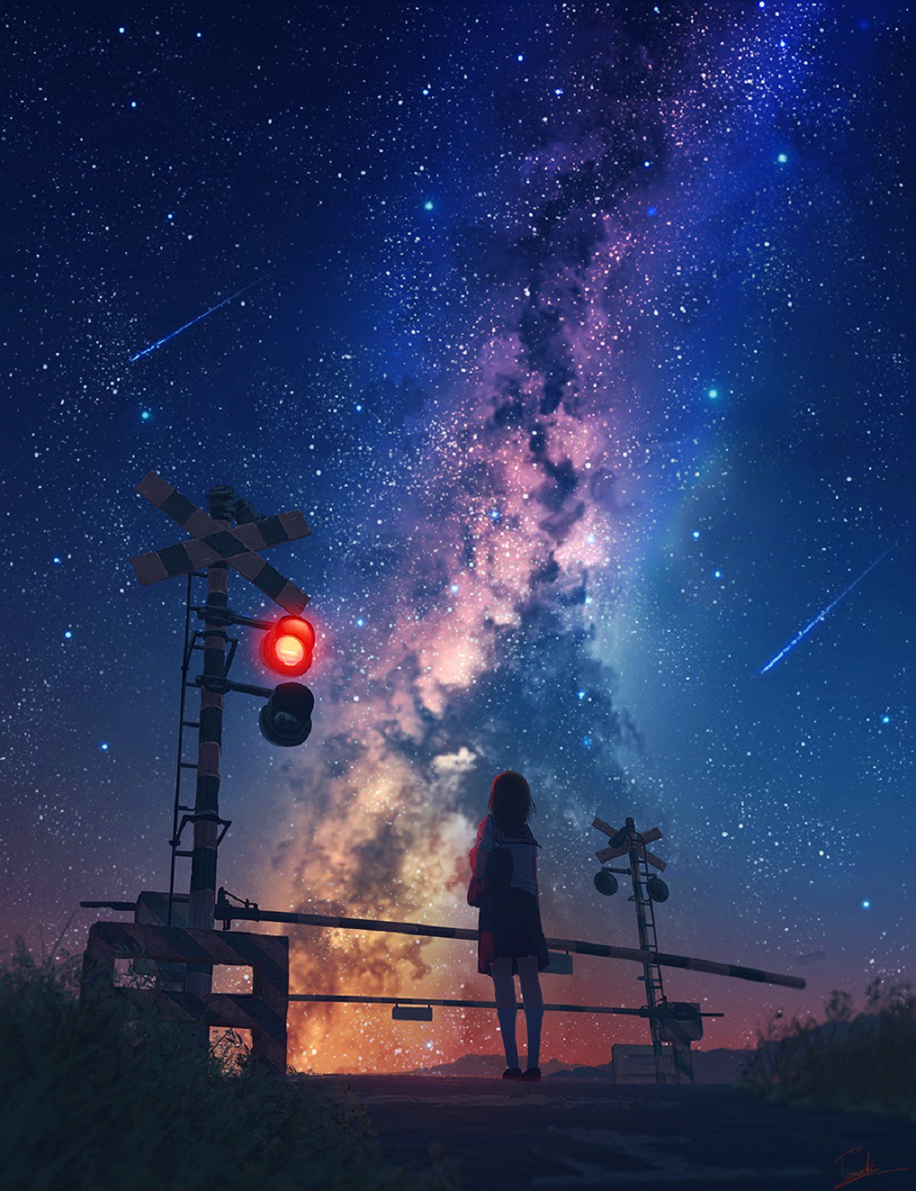 Anime Galaxy Stars Shooting Stars Railway Crossing 1024x1332