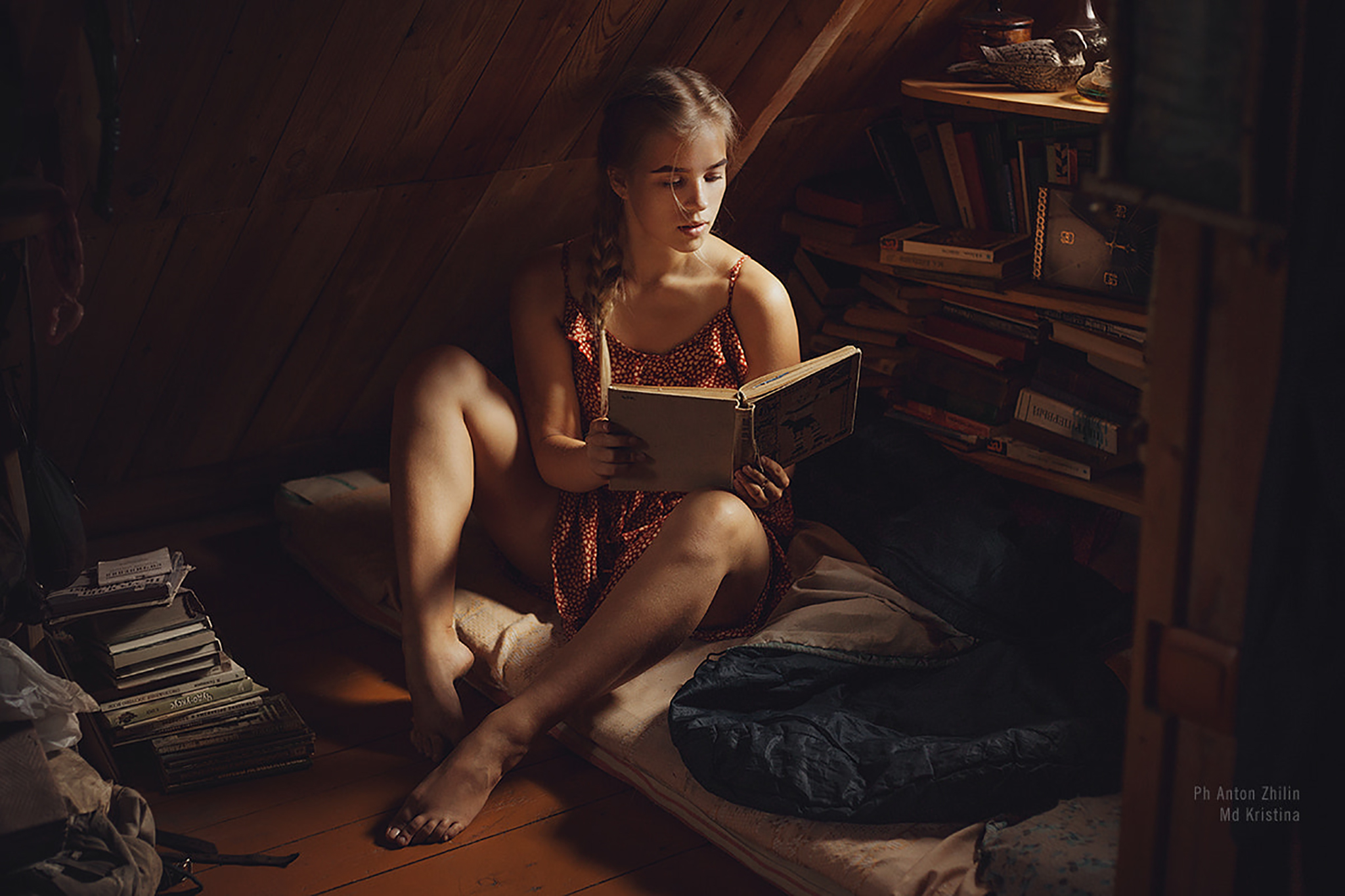 Kristina Anton Zhilin Books Reading Feet Barefoot Dress Bare Shoulders Tiptoe Young Woman Indoors Wo 2048x1365