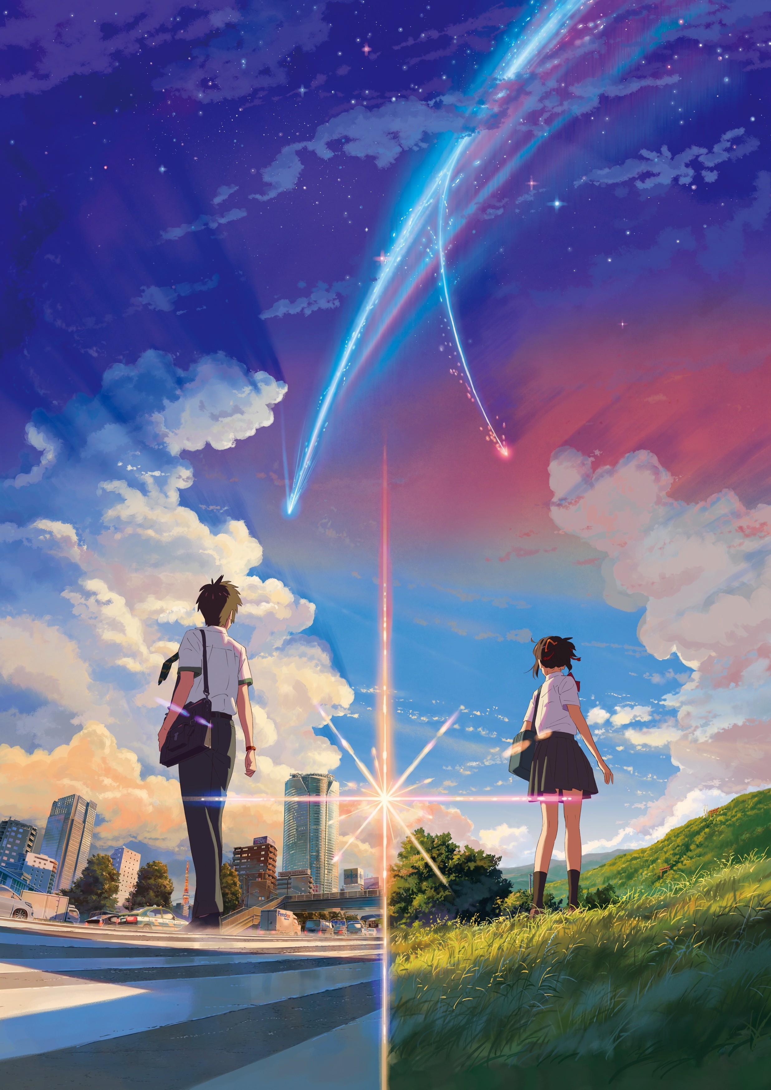 Anime Anime Girls Landscape Kimi No Na Wa Miyamizu Mitsuha Tachibana Taki Street Grass Skirt Knee Hi 2474x3500