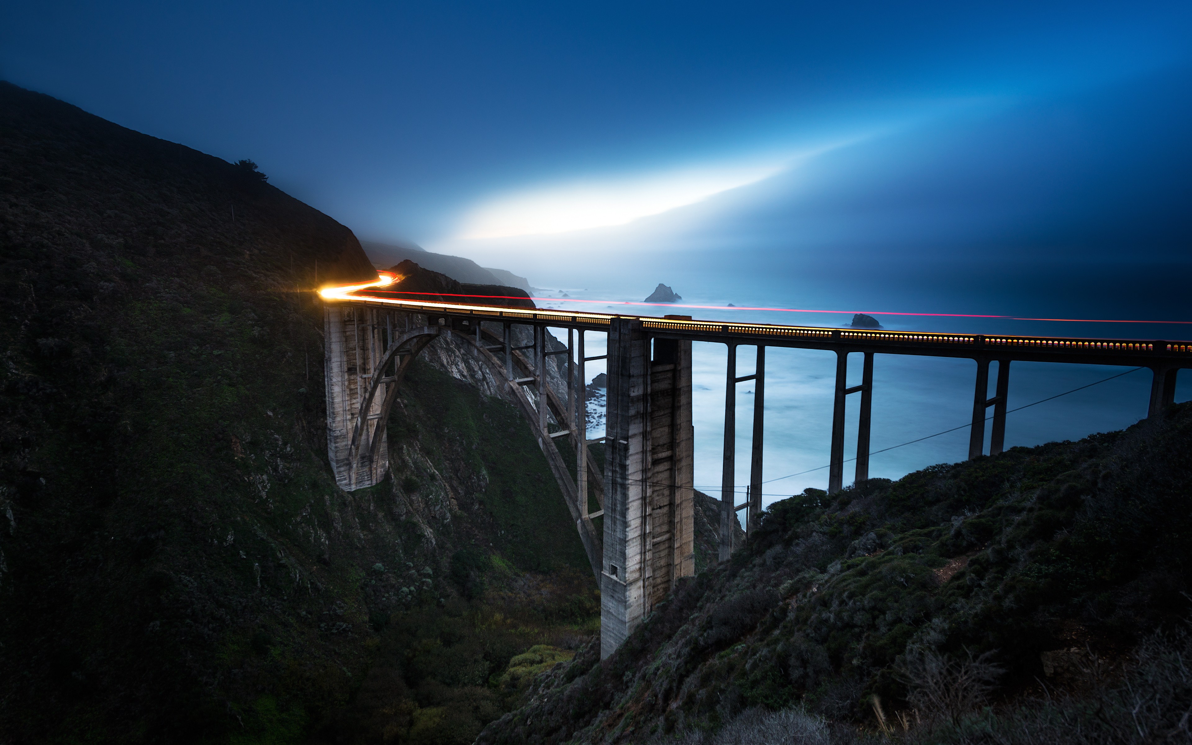 Landscape Bridge Light Trails Viaduct Sea 3840x2400
