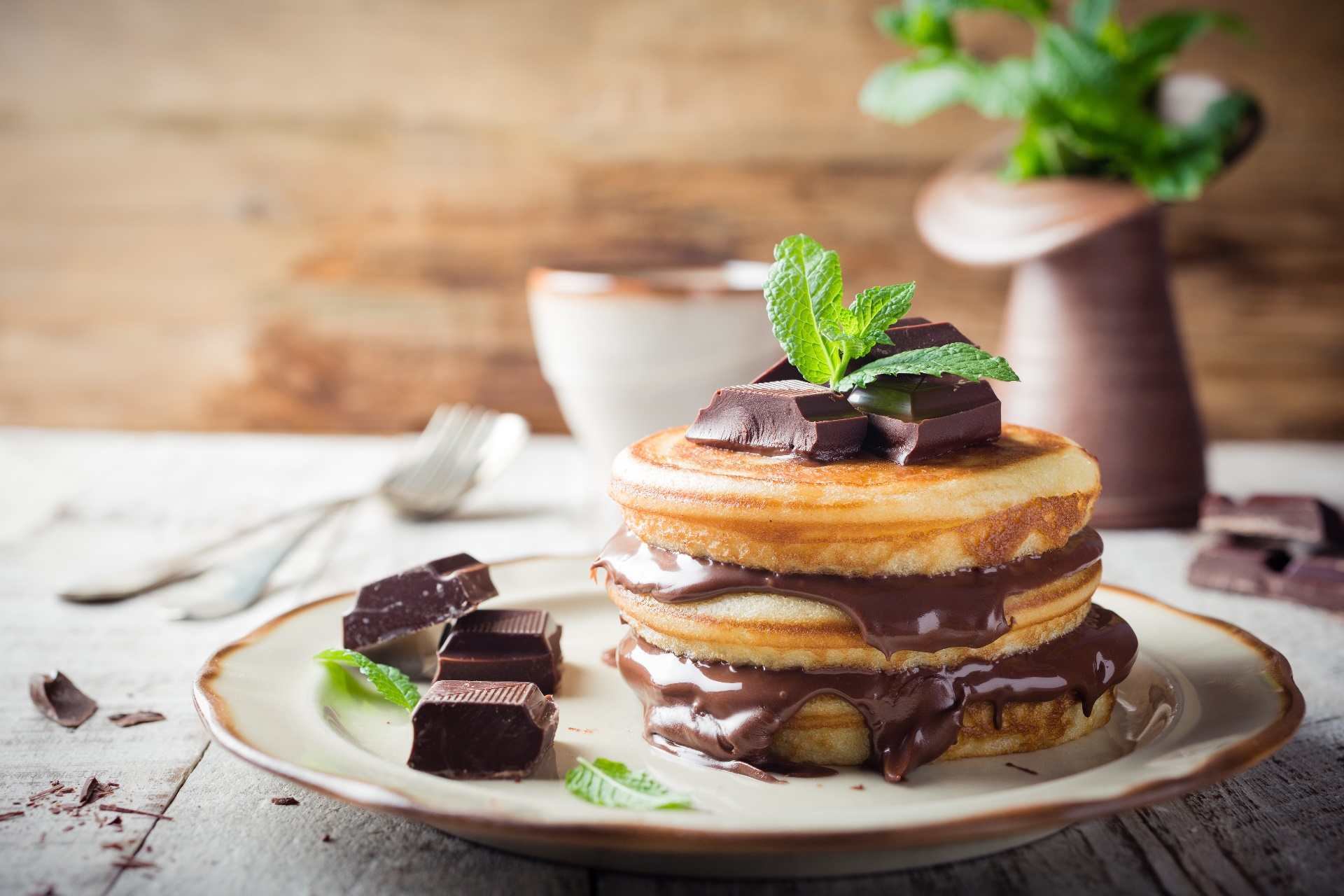 Pancakes Food Sweets Chocolate Mint Leaves Plates Fork Wooden Surface 1920x1280
