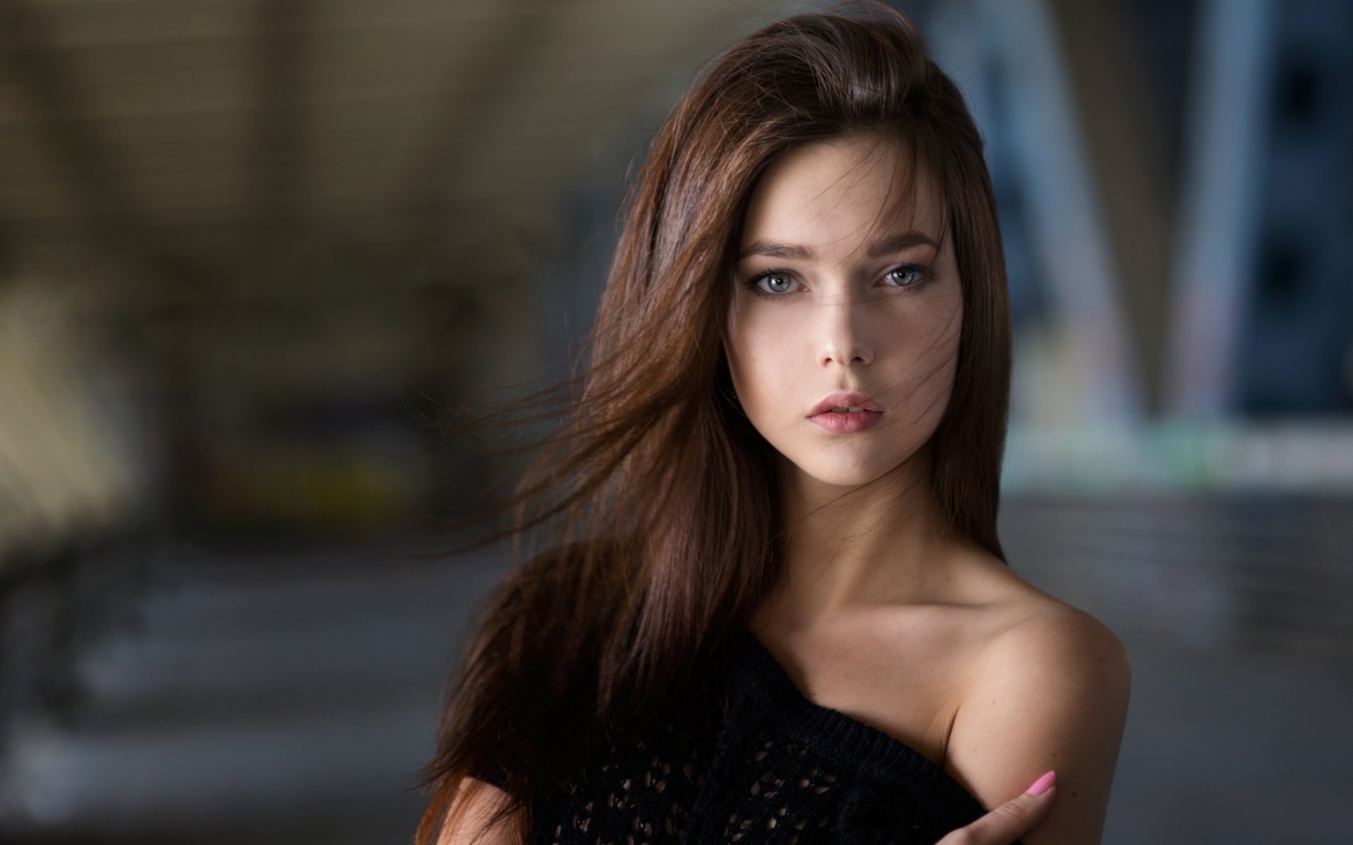 Brunette Face Long Hair Looking At Viewer Blue Eyes Knit Fabric 1920x1200