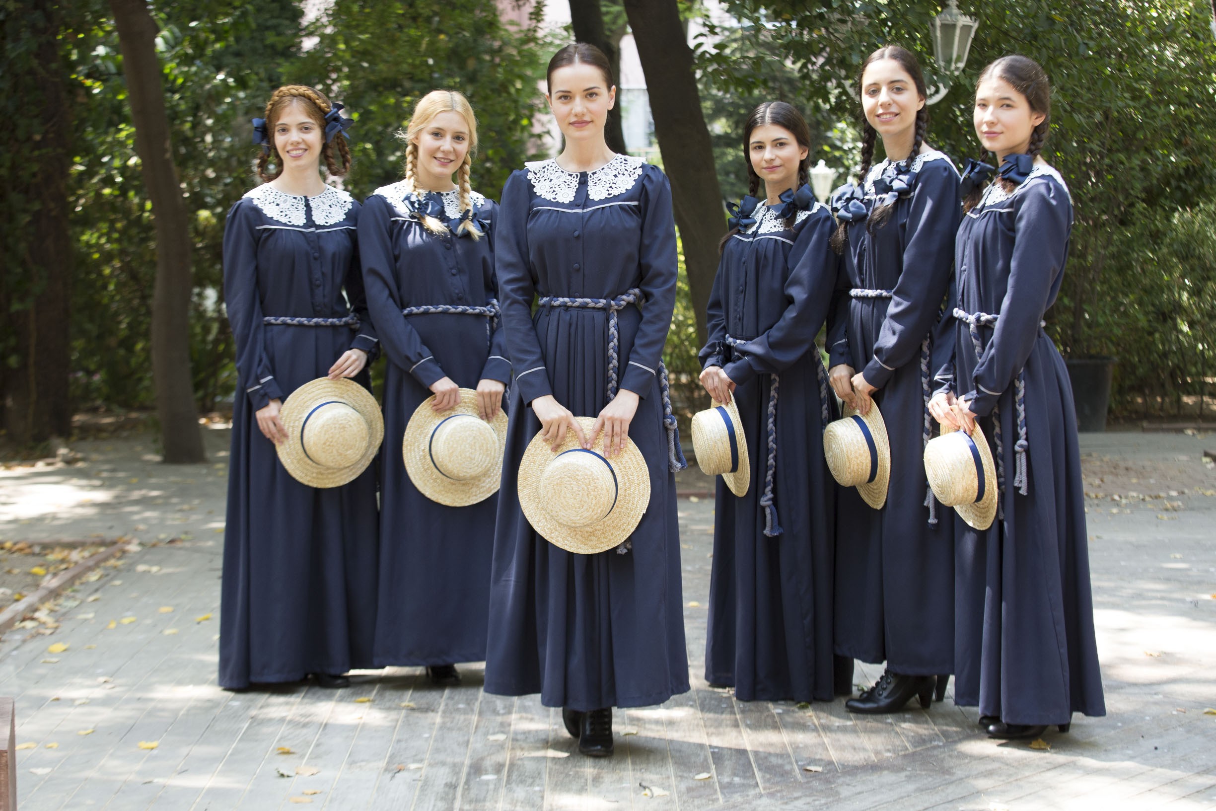 People Women Fahriye Evcen Turkish TV Brunette Hat School Uniform Braids Ribbon Twintails 2449x1633