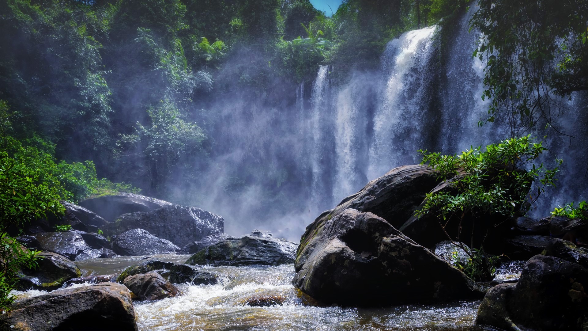 Nature Landscape Trees Waterfall Rocks Plants Mist Tropical Cambodia 1920x1080