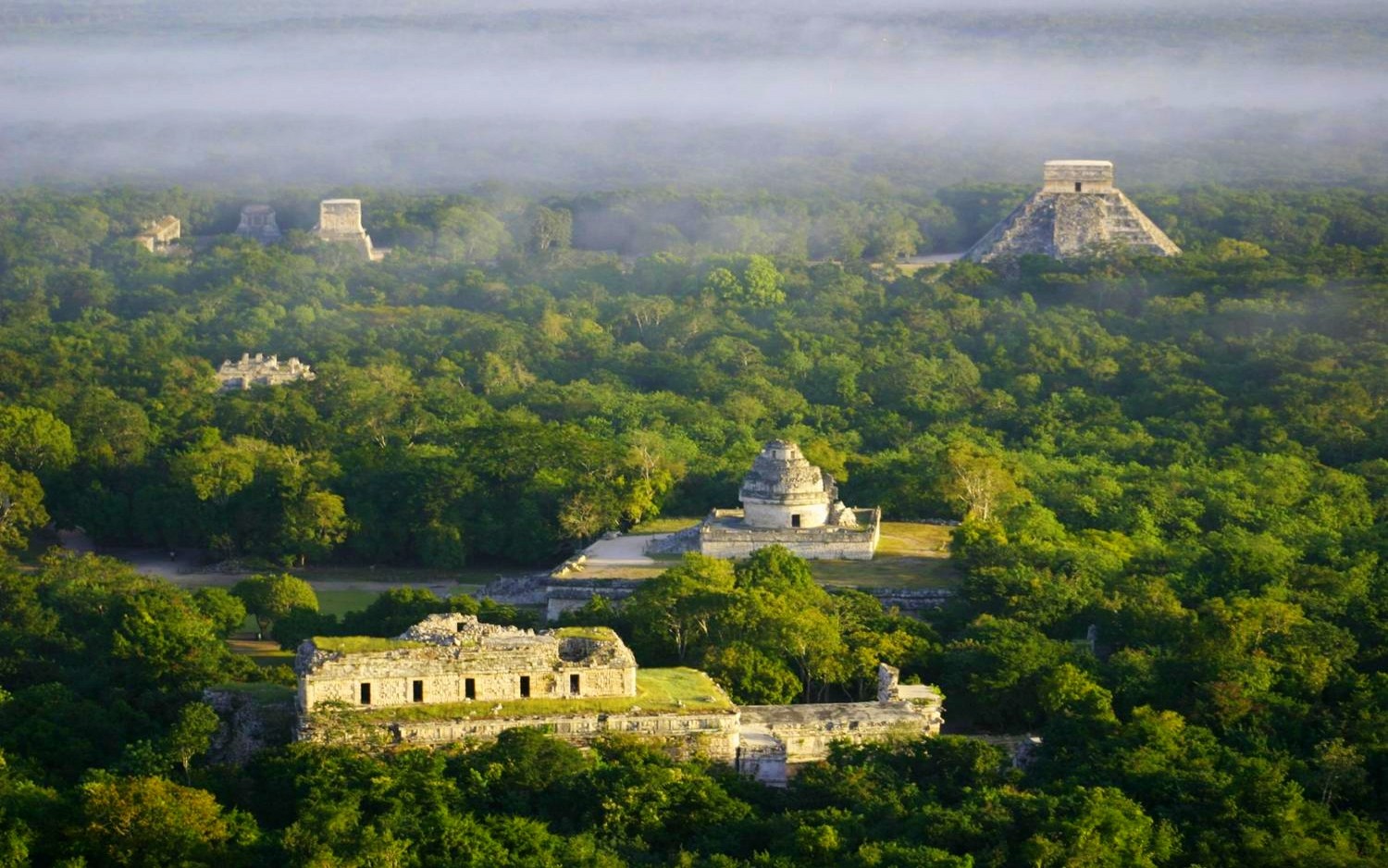 Landscape Nature Chichen Itza Temple Ruins Archeology Tropical Forest Mexico Morning Mist Sunlight A 1500x938