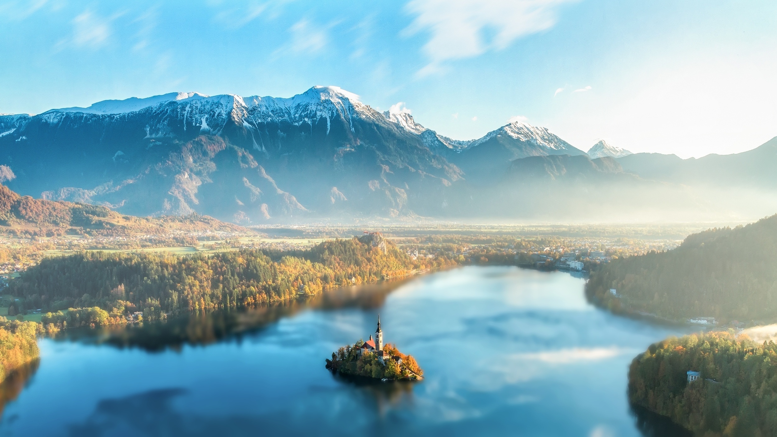 Landscape Lake Slovenia Lake Bled Forest Mist Church 2500x1408