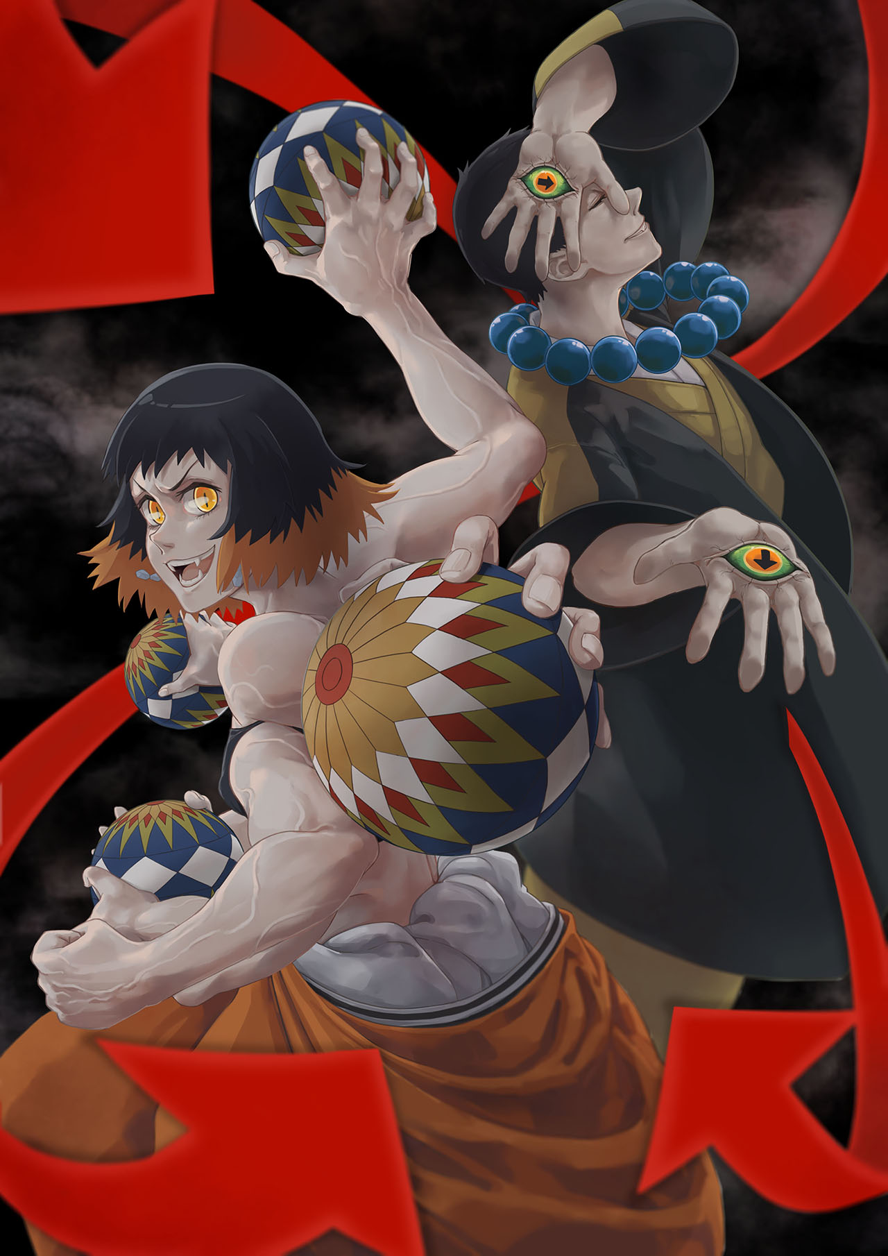 Kimetsu No Yaiba Short Hair Black Hair Multi Colored Hair Japanese Kimono Biceps Orange Eyes Balls S 1280x1810