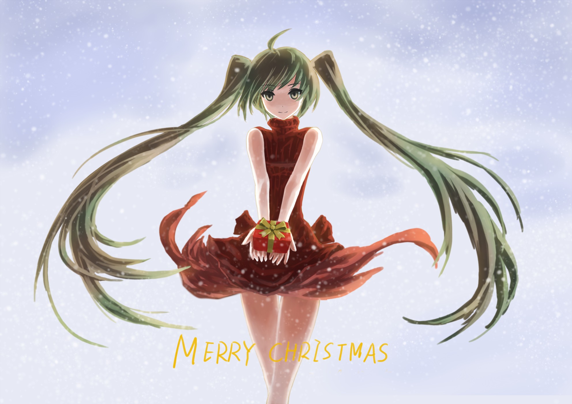 Vocaloid Hatsune Miku Christmas Twintails Long Hair Snow Flakes Snow Presents Anime Girls Anime 1984x1402