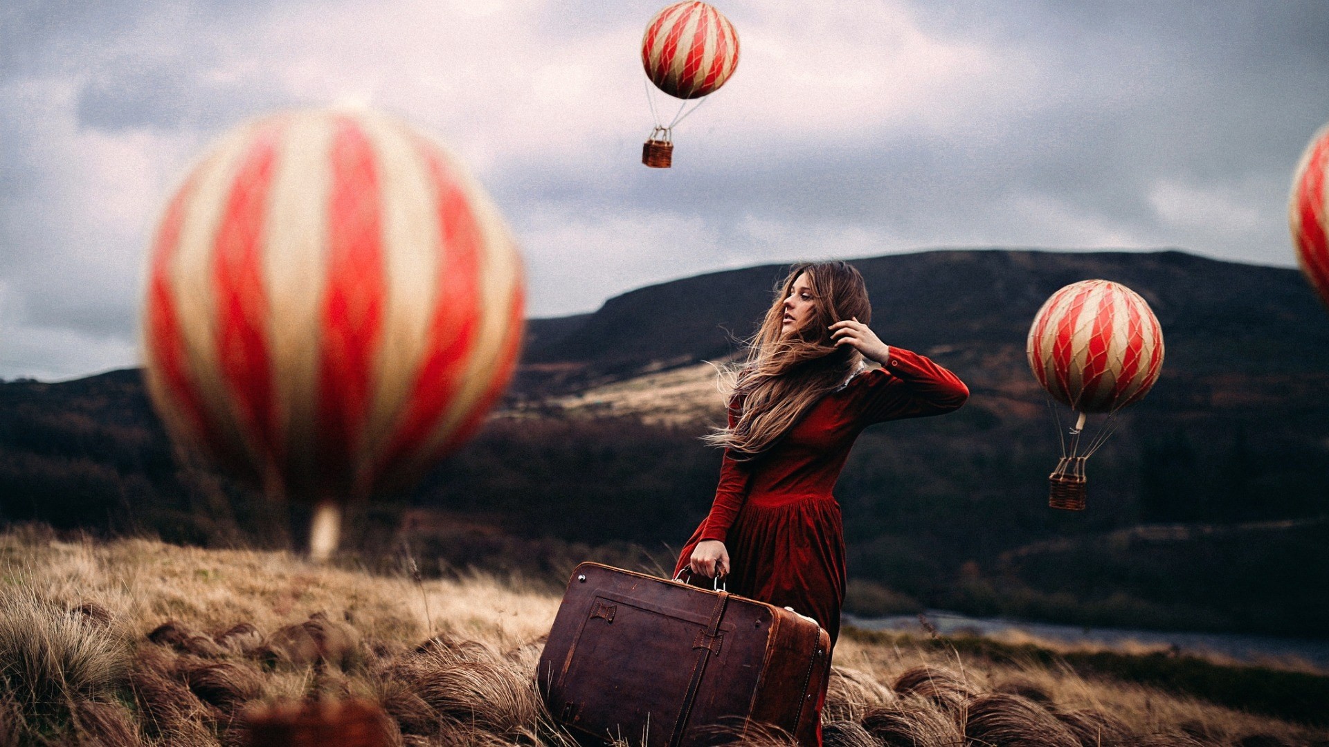 Women Model Conceptual Traveller Hot Air Balloons Women Outdoors Red Dress Brunette Long Hair Windy  1920x1080