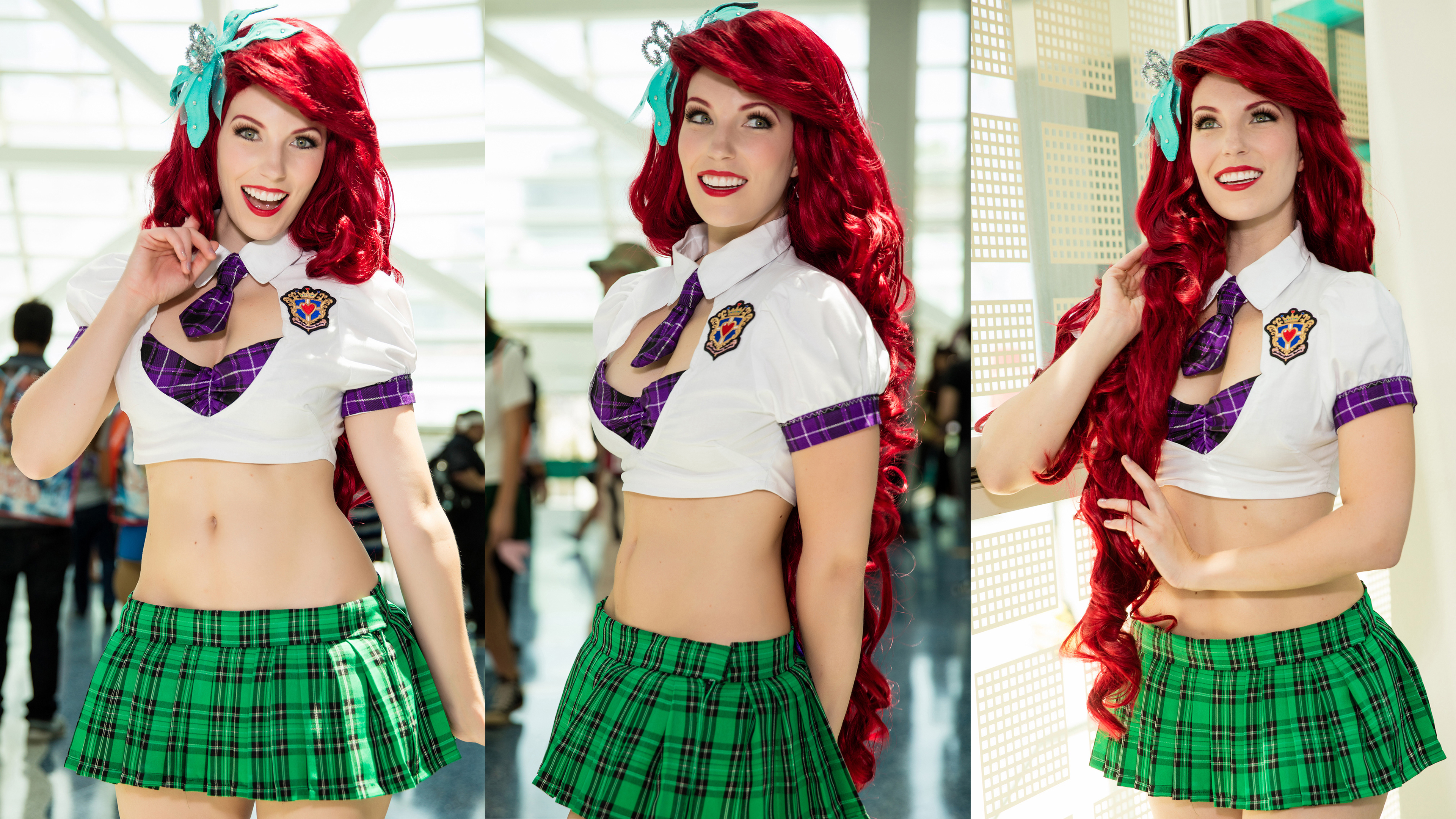 Women Collage Cosplay Redhead Green Skirt School Uniform Schoolgirl PrincessMimiCosplay 3840x2160