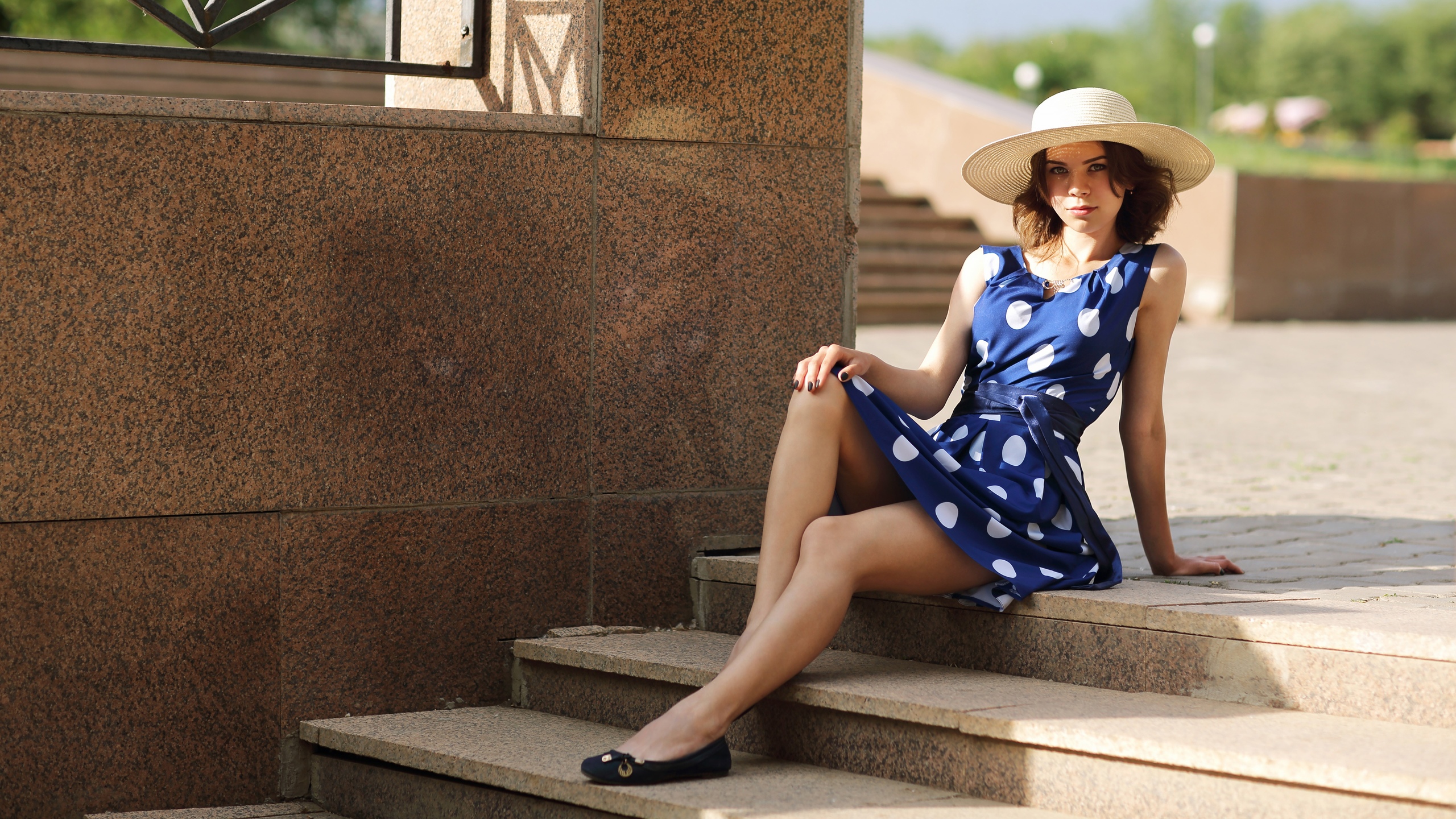 Murat Kuzhakhmetov Stairs Legs Dress Women Outdoors Model Hat Urban Women Blue Dress 2560x1440