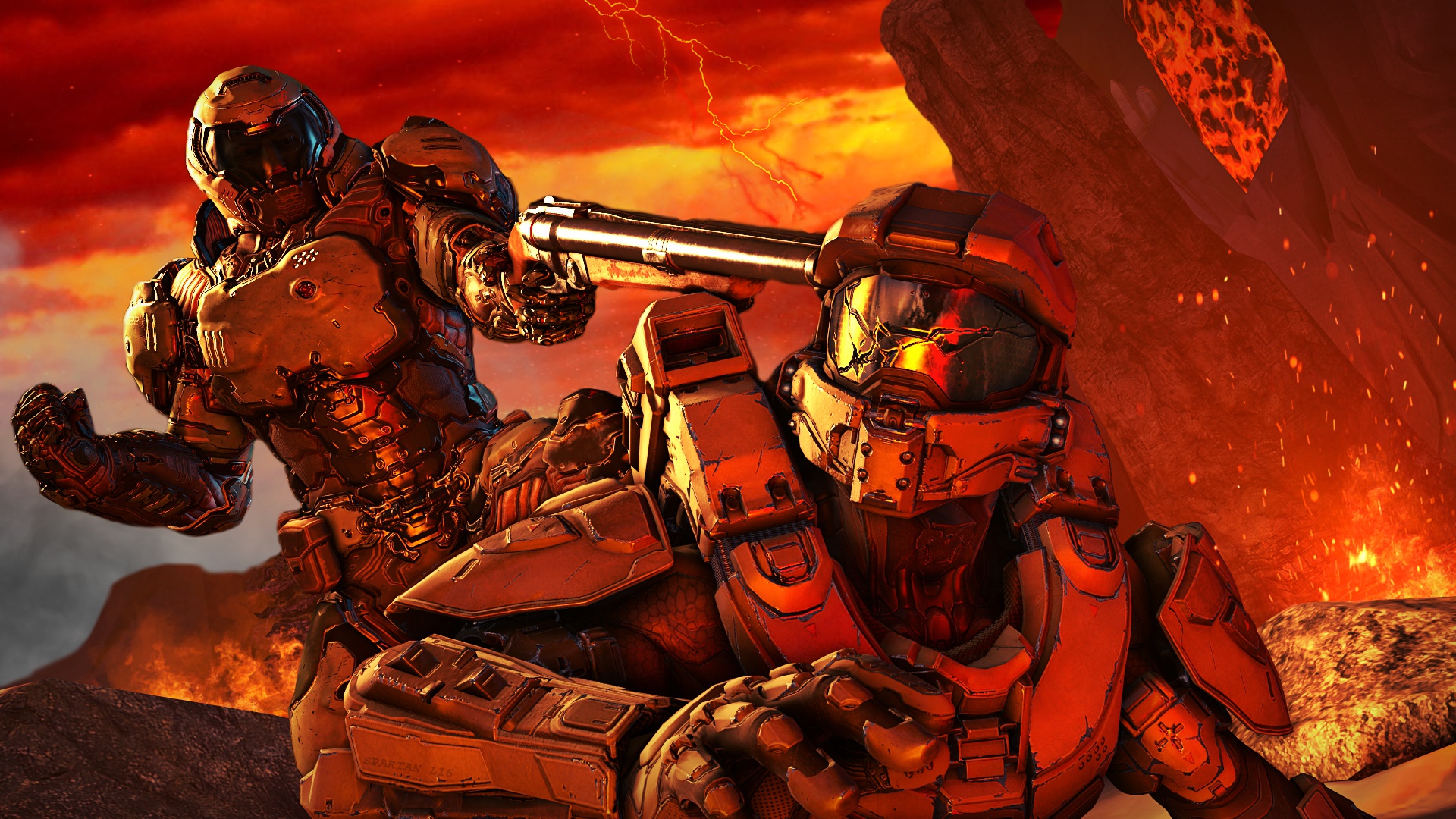 Halo Doom Game Video Games Video Game Art Doom Guy Red Shotgun Helmet Crossover 1920x1080