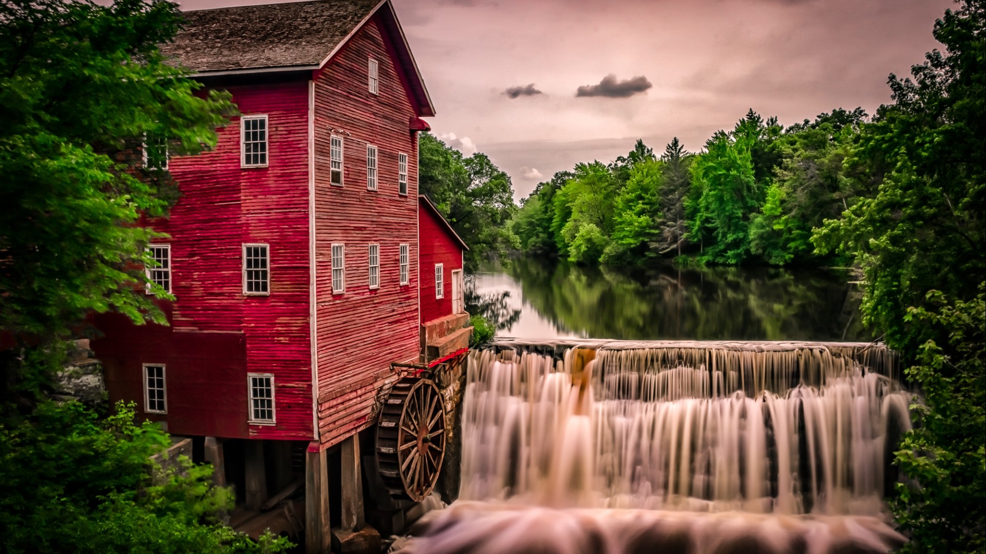 Nature Landscape Architecture Building Water Trees Mill House Old Building Lake Clouds Waterfall For 1920x1080