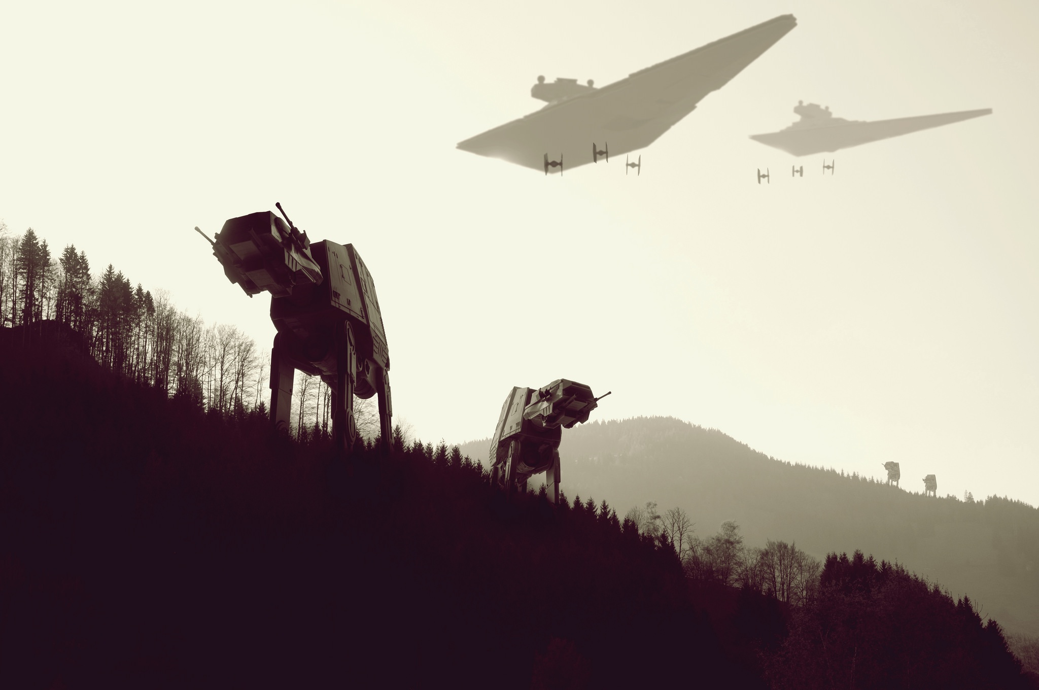 Star Wars Monochrome AT AT Walker Star Destroyer Imperial Forces AT AT Science Fiction Digital Art 2048x1360