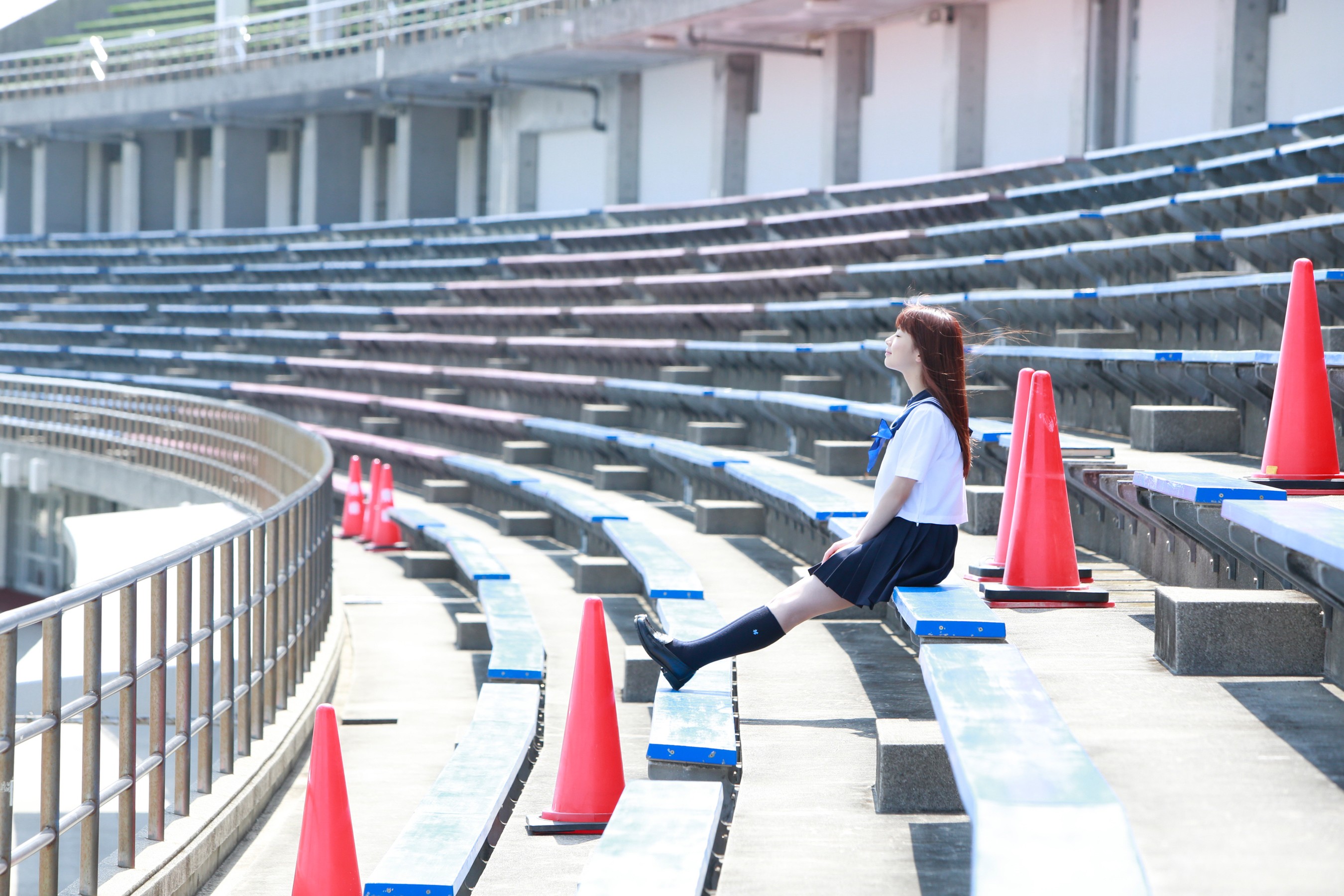 Morning Musume Asian J Pop Women Redhead Auburn Hair Sitting Stadium School Uniform Closed Eyes 2700x1800