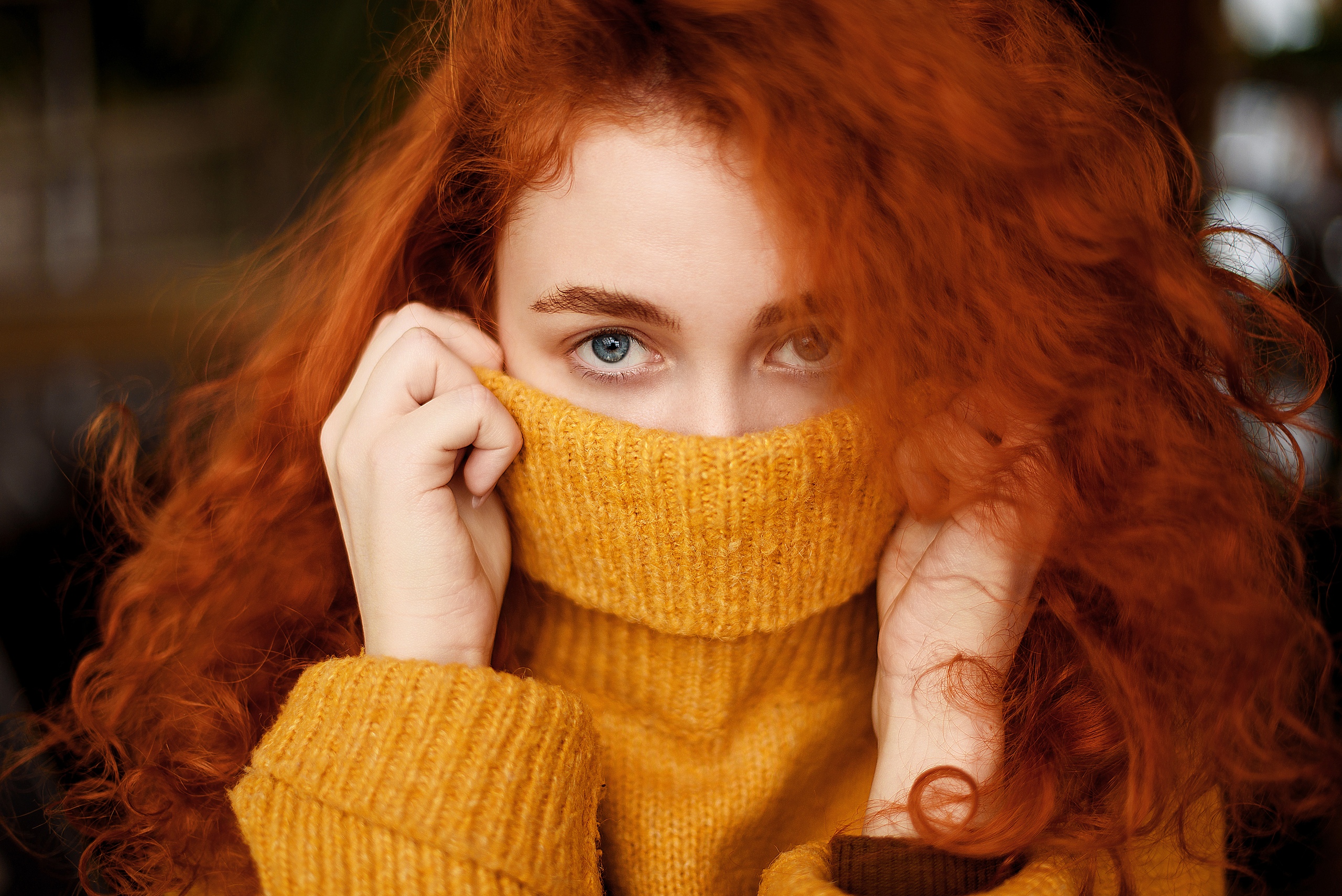 Women Model Redhead Long Hair Curly Hair Looking At Viewer Portrait Gray Eyes Covered Face Sweater Y 2560x1709