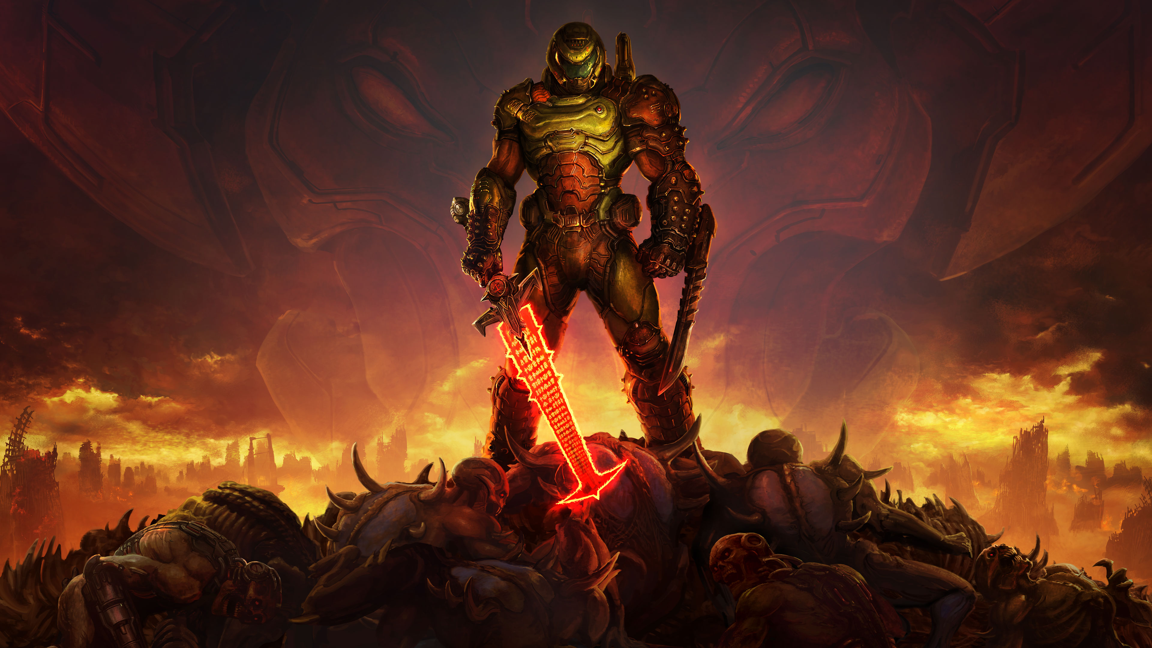 Doom Game Doom Guy DOOM Eternal Doom Slayer Video Game Horror Video Games Sword Demon Frontal View G 3840x2160