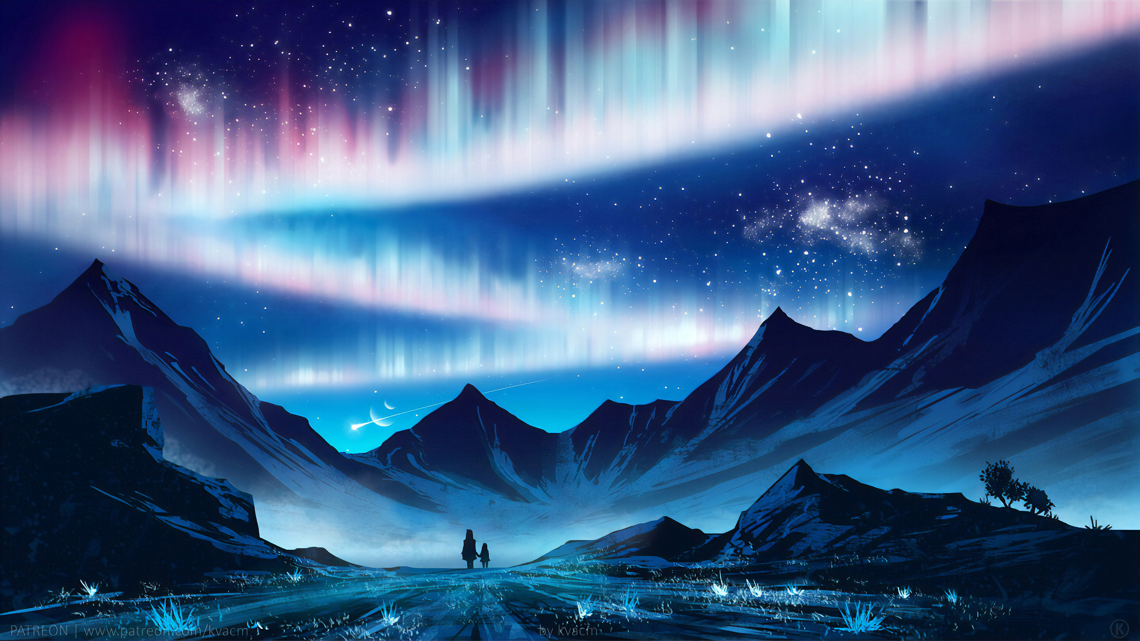 Digital Digital Art Artwork Illustration Night Night Sky Sky Skyscape Fantasy Art Aurorae Blue Stars 3840x2160