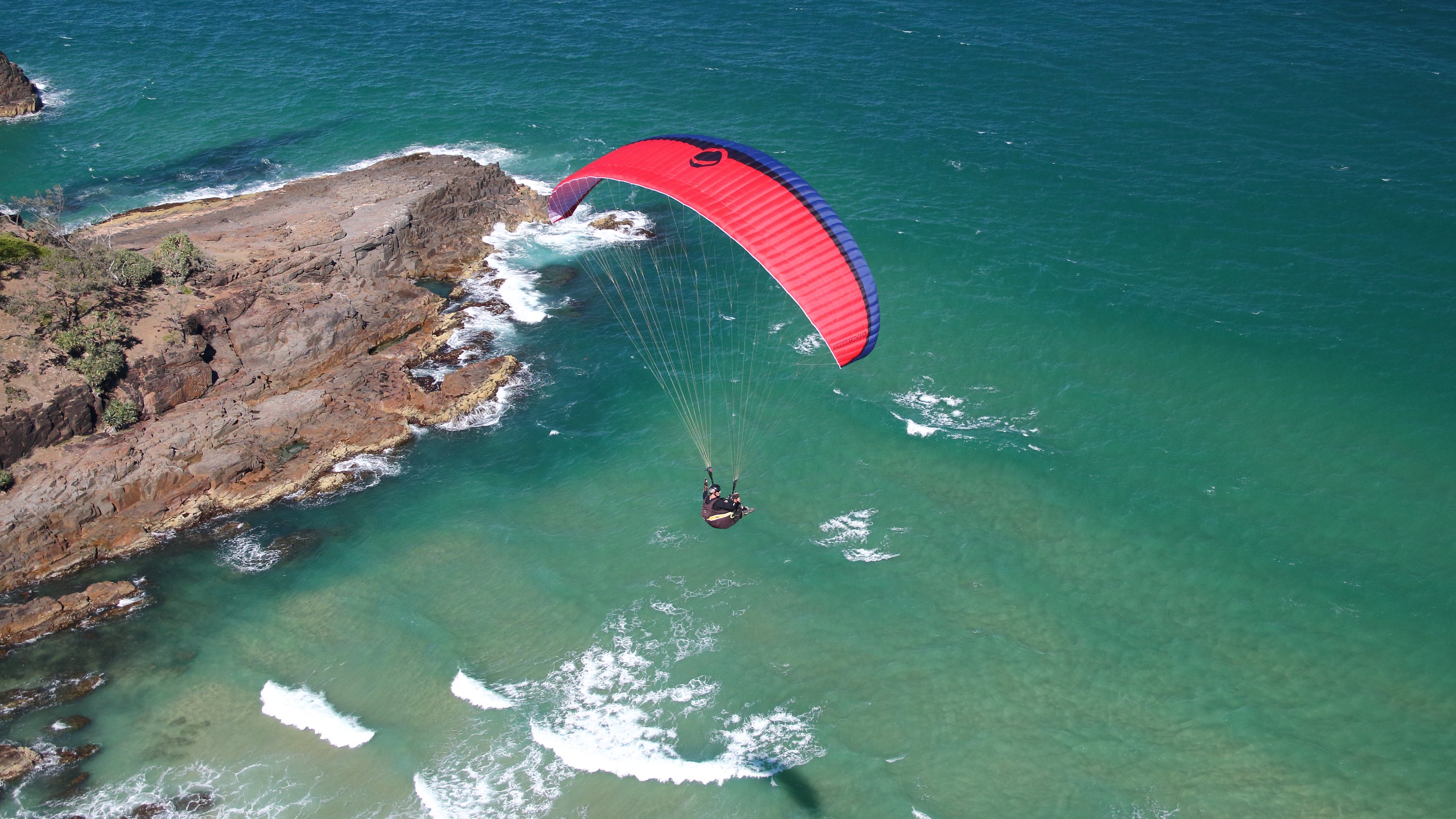 Paragliding Sea Coast Aerial View Rocks Parachutes 3840x2160