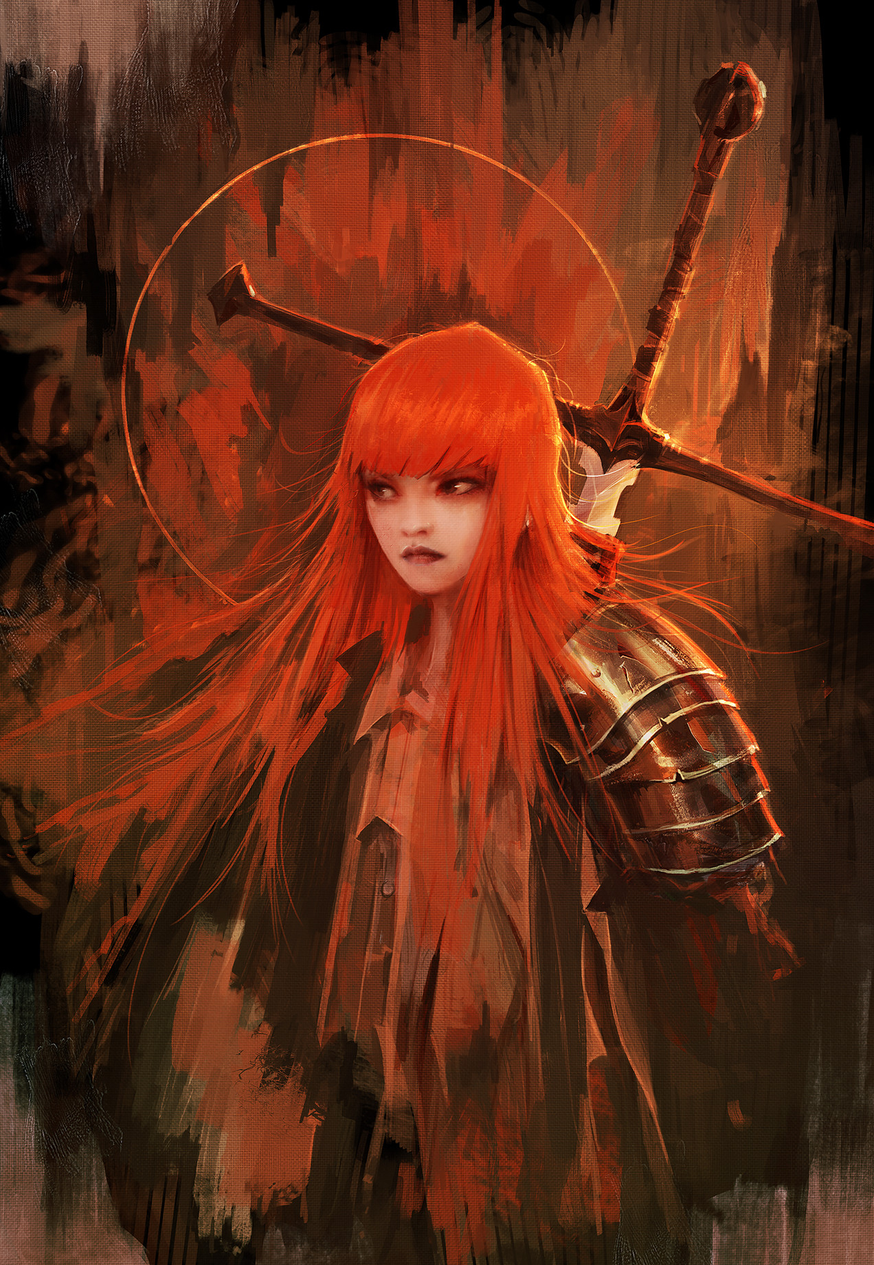 Alexandre Chaudret Women Armor Clothes Sword Long Hair Redhead Tie Red Painting Blood Moon 1272x1841