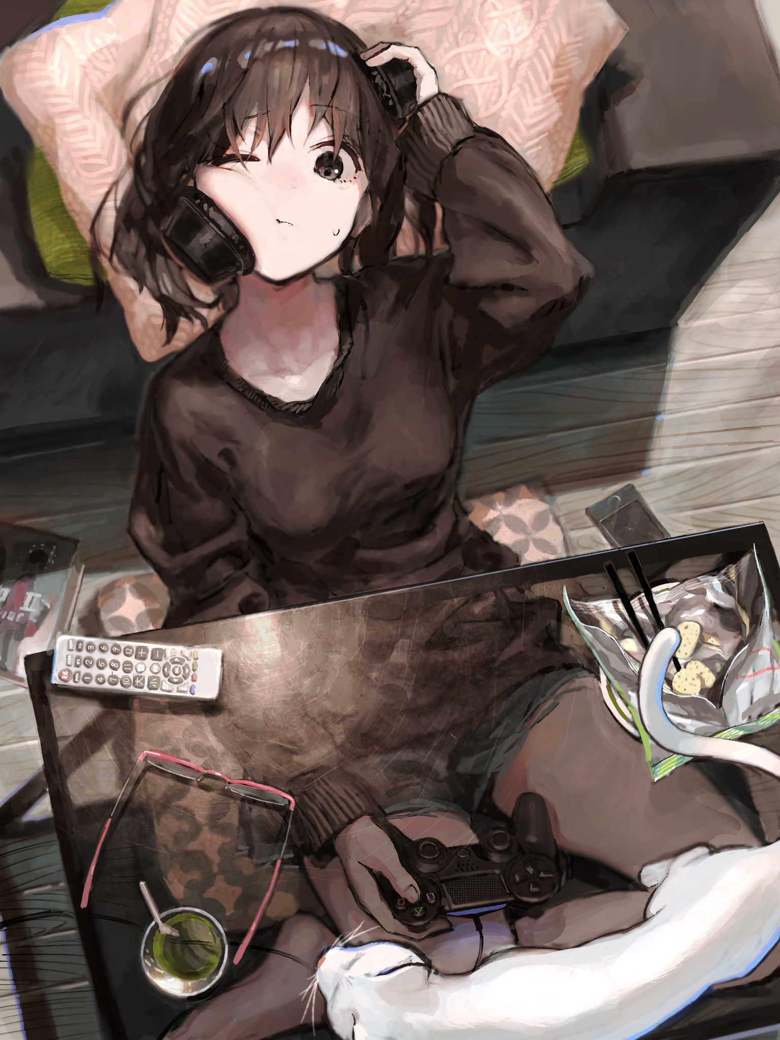 Anime Girls Original Characters Anime Brunette Top View Sweater Gamers Joystick Legs Crossed Cats Pe 1536x2048