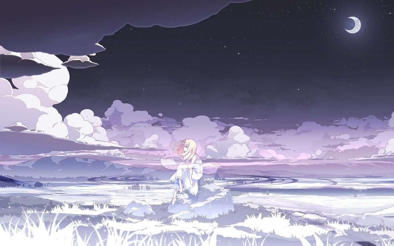 Anime Girls Night Moon Clouds White Dress Stars Asakura Masatoki Original Characters 1280x800