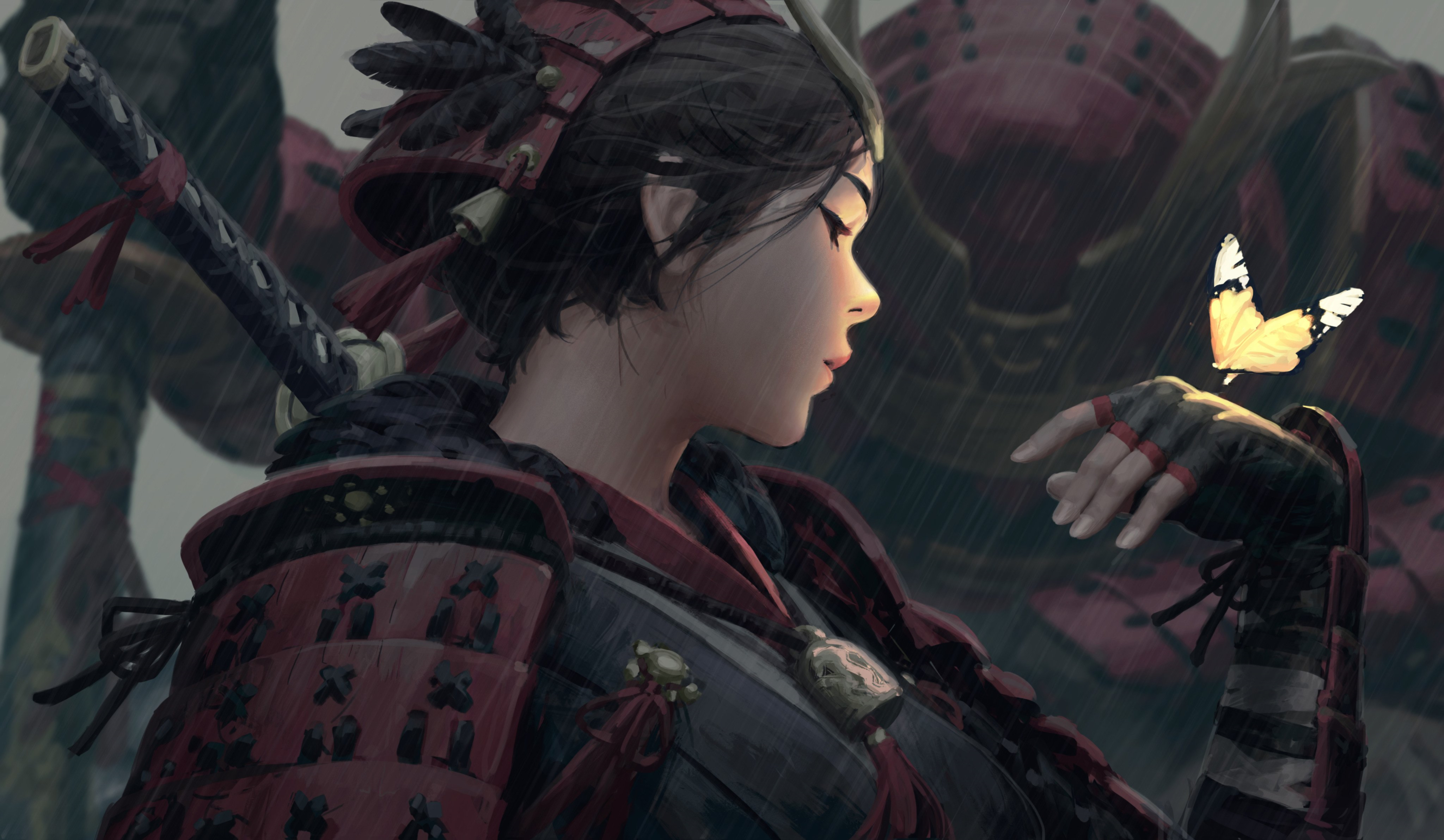 Samurai Women Fantasy Girl Warrior Girls Katana Weapon Armor Armored Black Hair Profile Feathers Hel 4096x2383