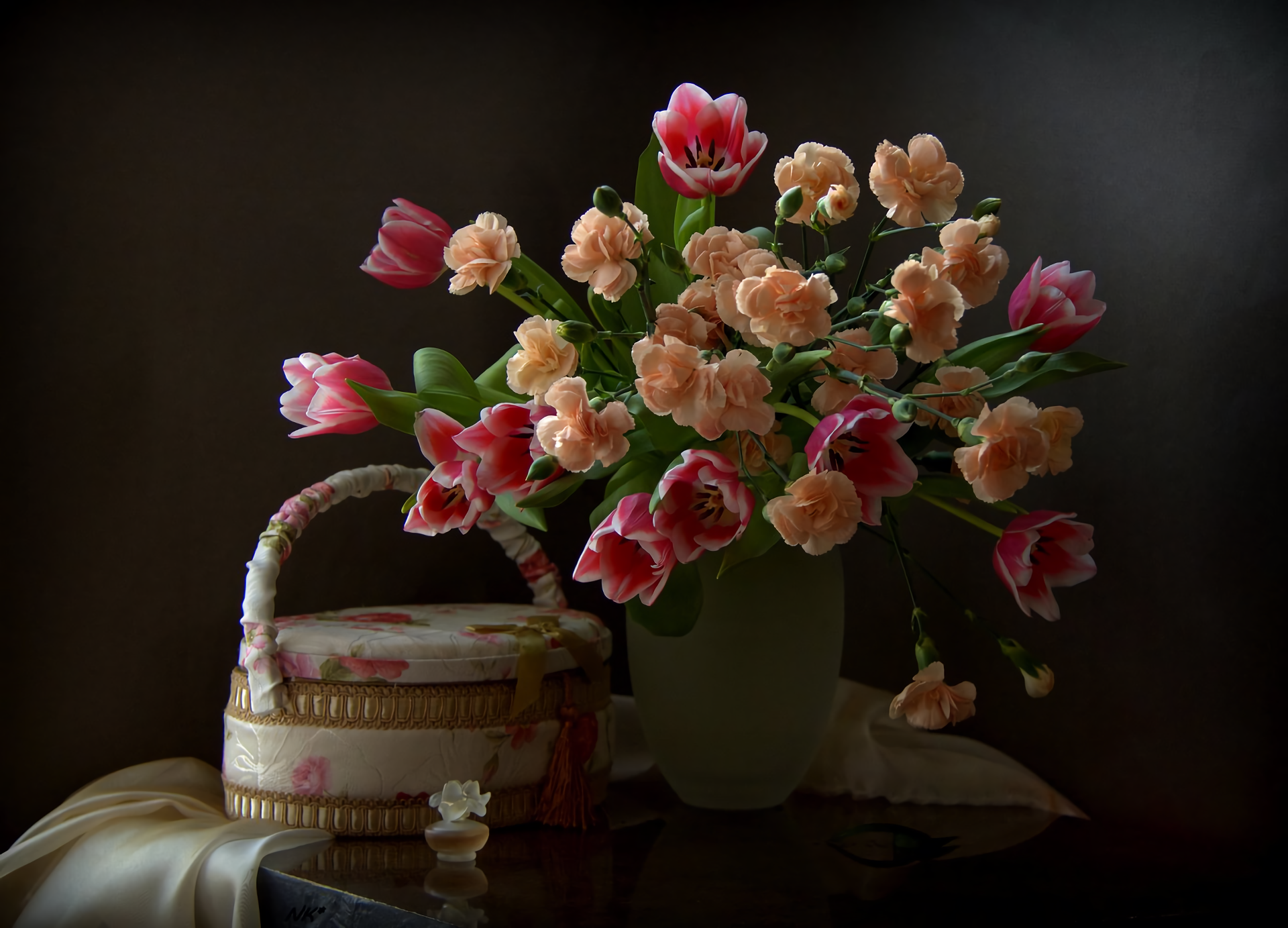 Still Life Flower Colors Colorful Basket Peach Flower Pink Flower Tulip Carnation 1920x1383