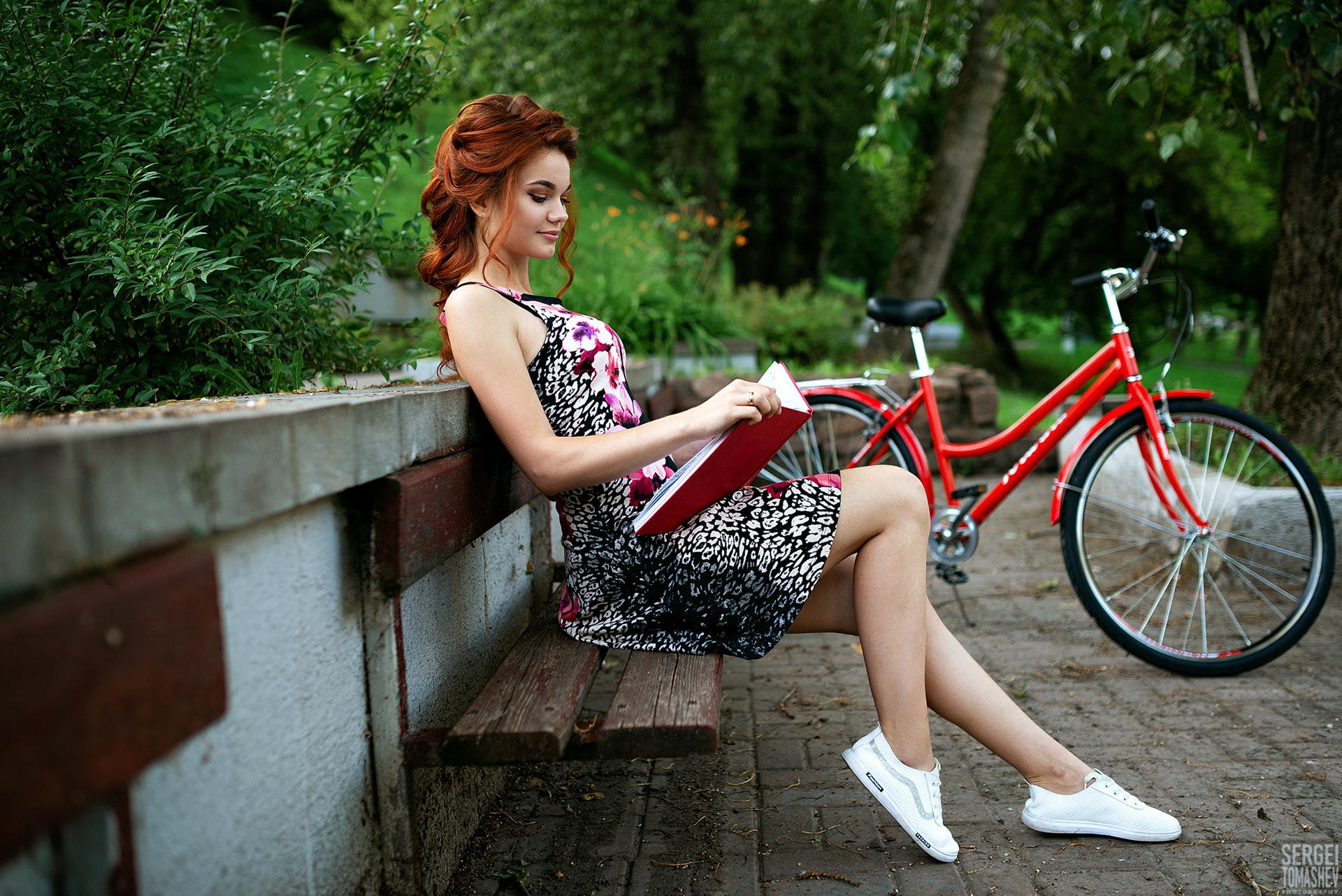 Bench Women Bicycle Sitting Model Redhead Women Outdoors Sergei Tomashev 1920x1282