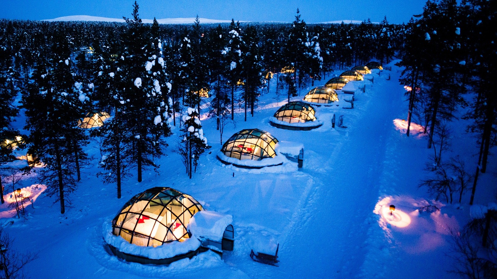 Nature Landscape Trees Forest Winter Snow Evening Lights Igloo Hotel Modern Pine Trees Glass Bed Lap 1600x900