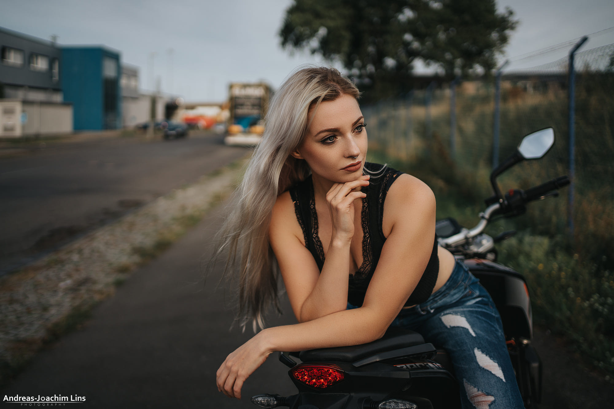 Women Long Hair Torn Jeans Women With Motorcycles Nose Ring Brunette Andreas Joachim Lins Women Outd 2000x1334