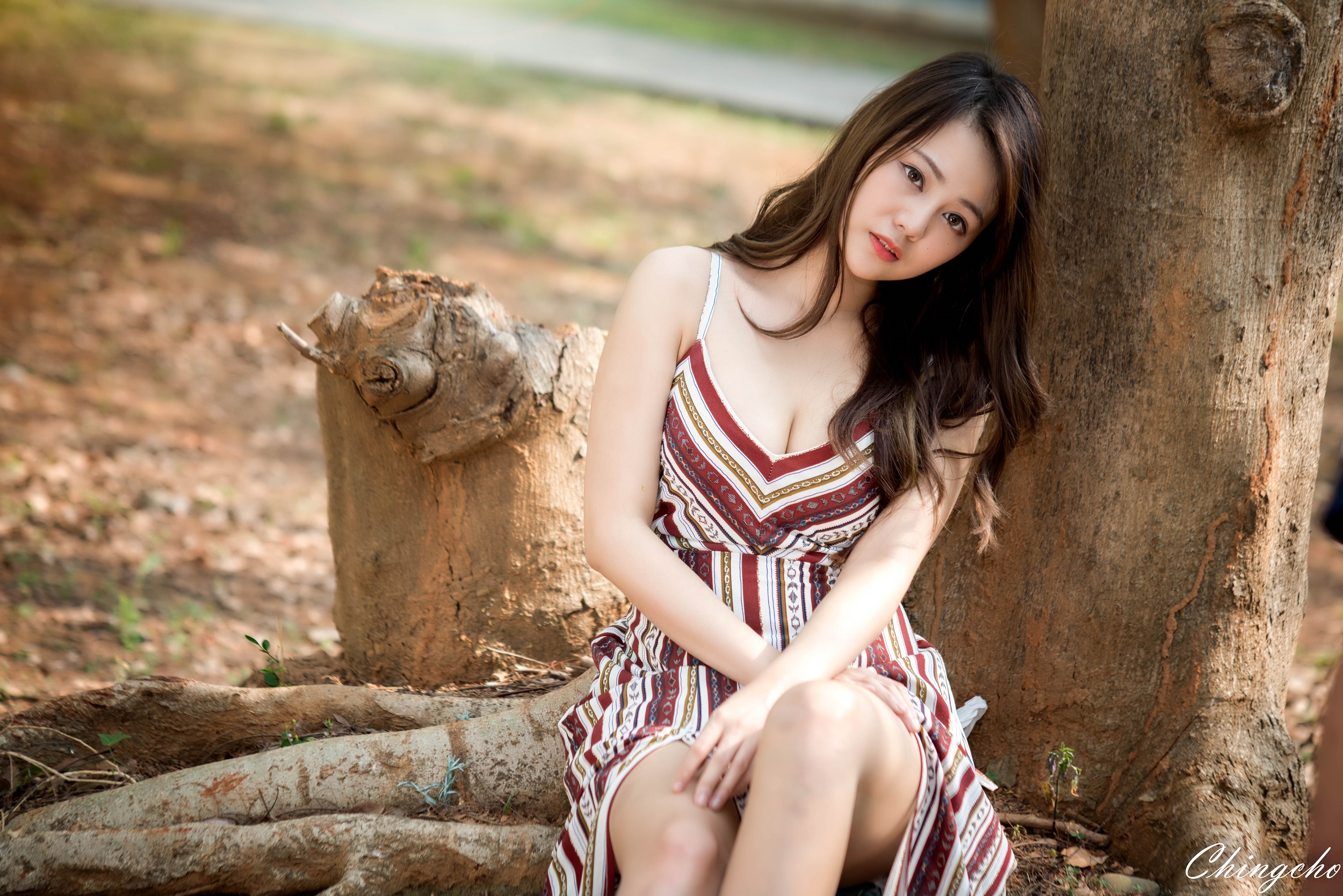 Women Model Asian Looking At Viewer Women Outdoors Brunette Dress Sitting Hands On Legs Sun Hui Tong 2500x1668