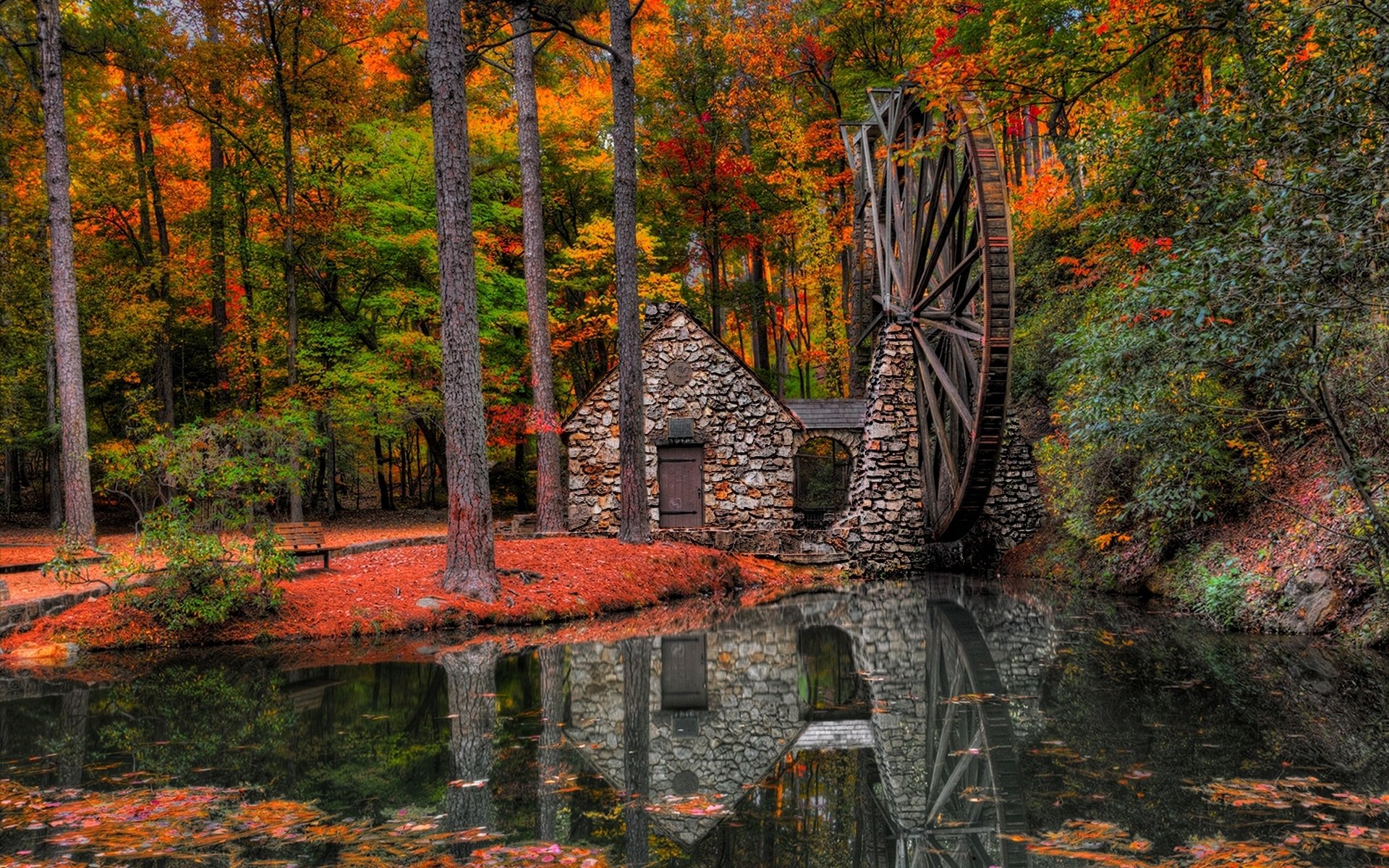 Man Made Watermill Mill Forest Fall Foliage Tree Reflection 1920x1200