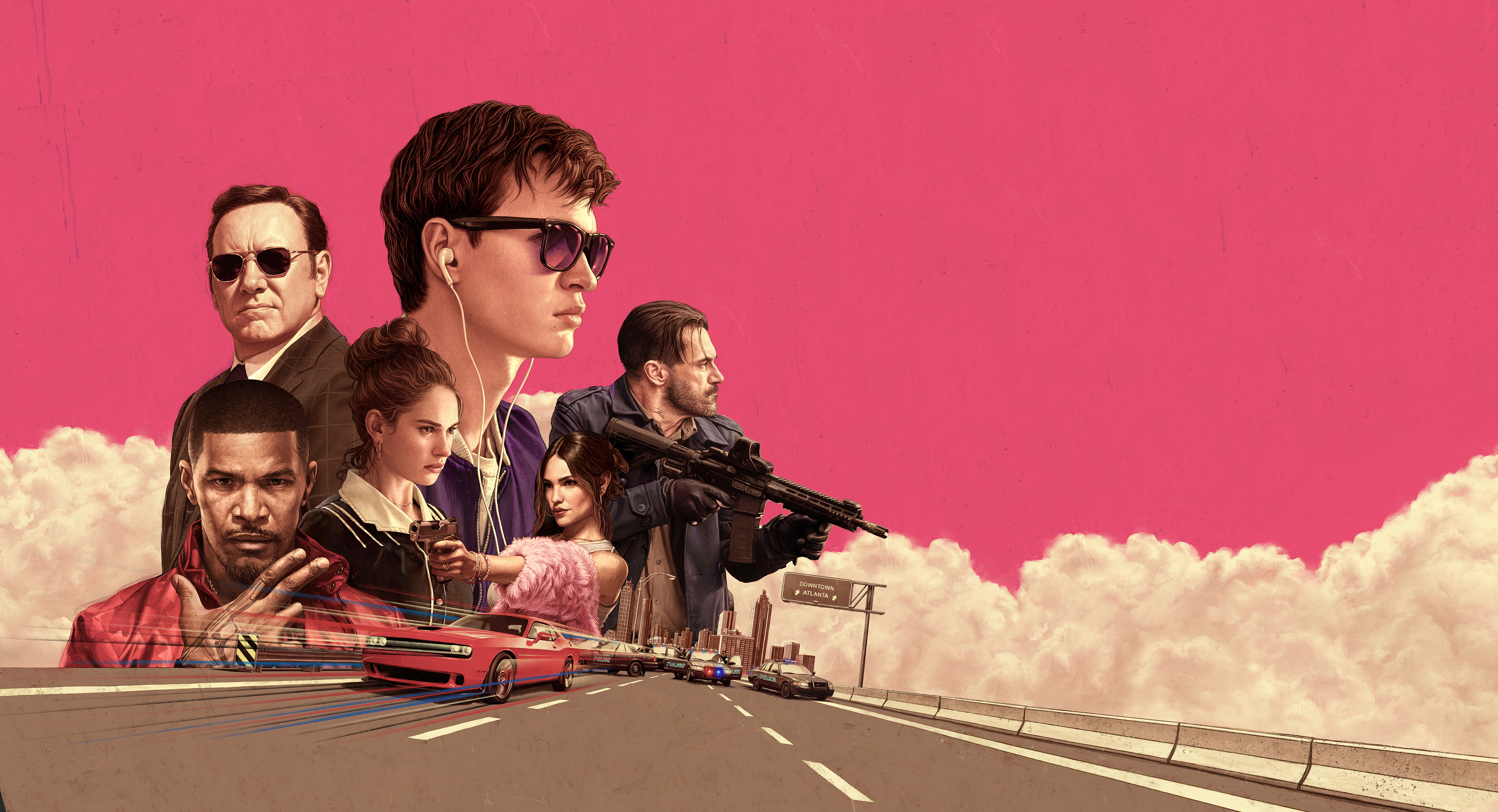 Baby Driver Movies Kevin Spacey Jamie Foxx Car Road Weapon Jon Hamm Eiza Gonzalez Lily James Ansel E 5000x2711