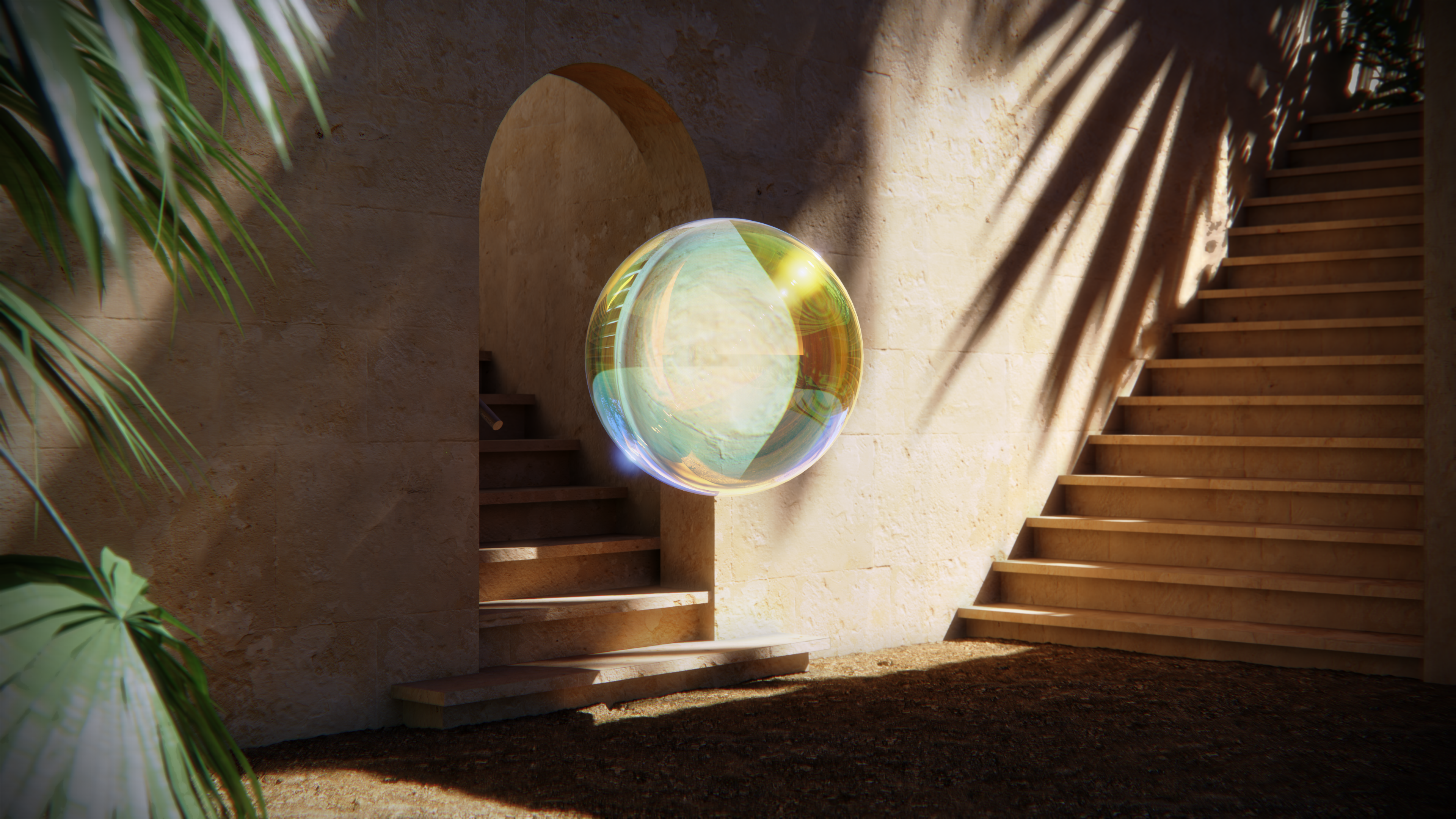 CGi Digital Art 3D Graphics Artwork Daylight Stairs Palm Trees Sandstone Dirt Crystal Ball Shadow 3840x2160