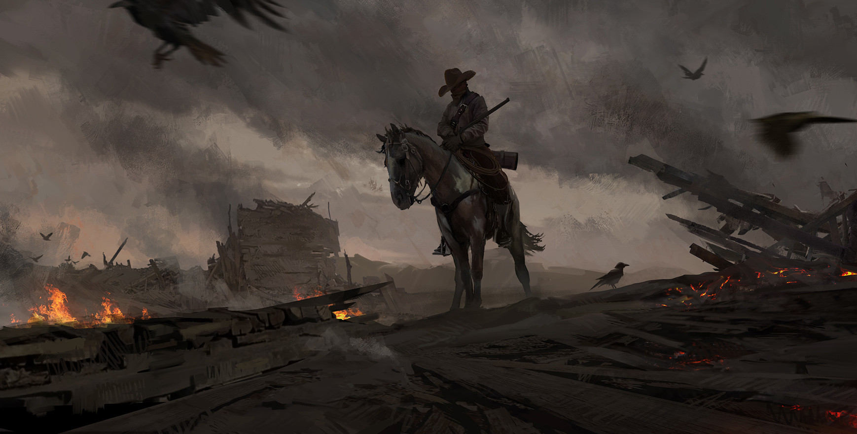 Artwork Western Cowboys Bounty Hunter Town Horse Crow 1738x880