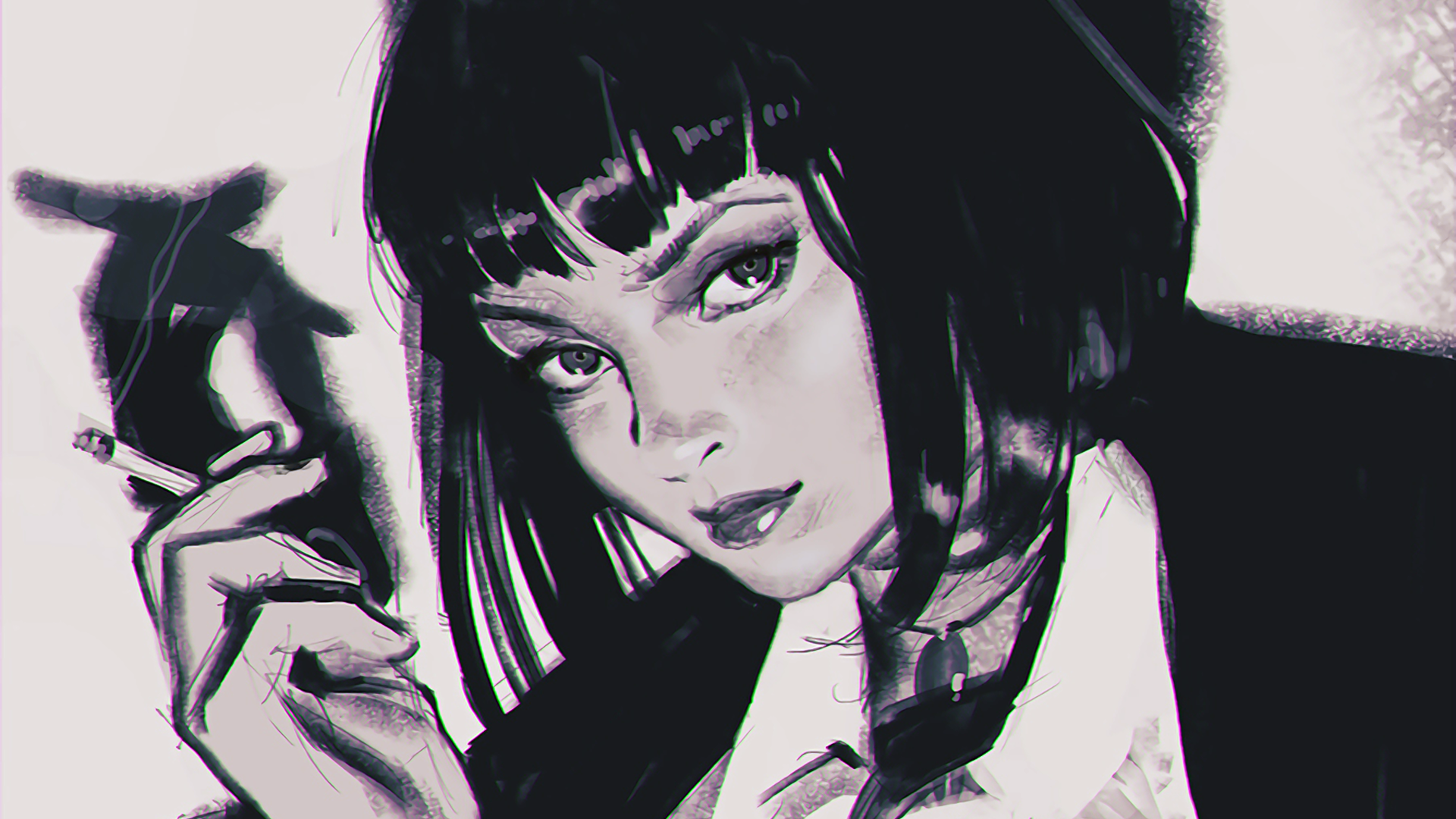 Ilya Kuvshinov Drawing Smoking Monochrome Mia Wallace 1920x1080