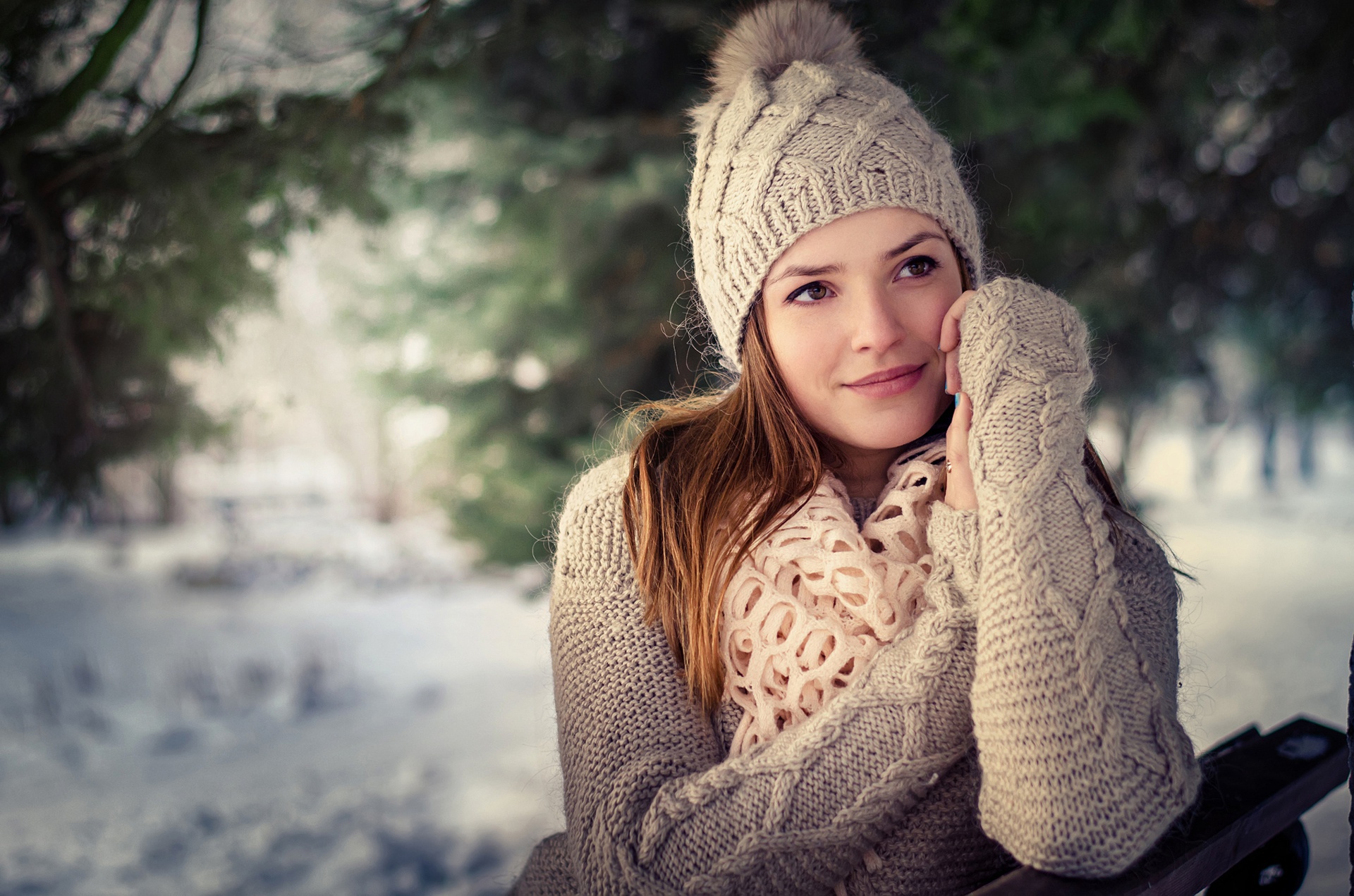 Sergey Tomashev Women Model Smiling Hat Winter Sweater White Sweater Brunette Brown Eyes Wool Cap Wh 1920x1271