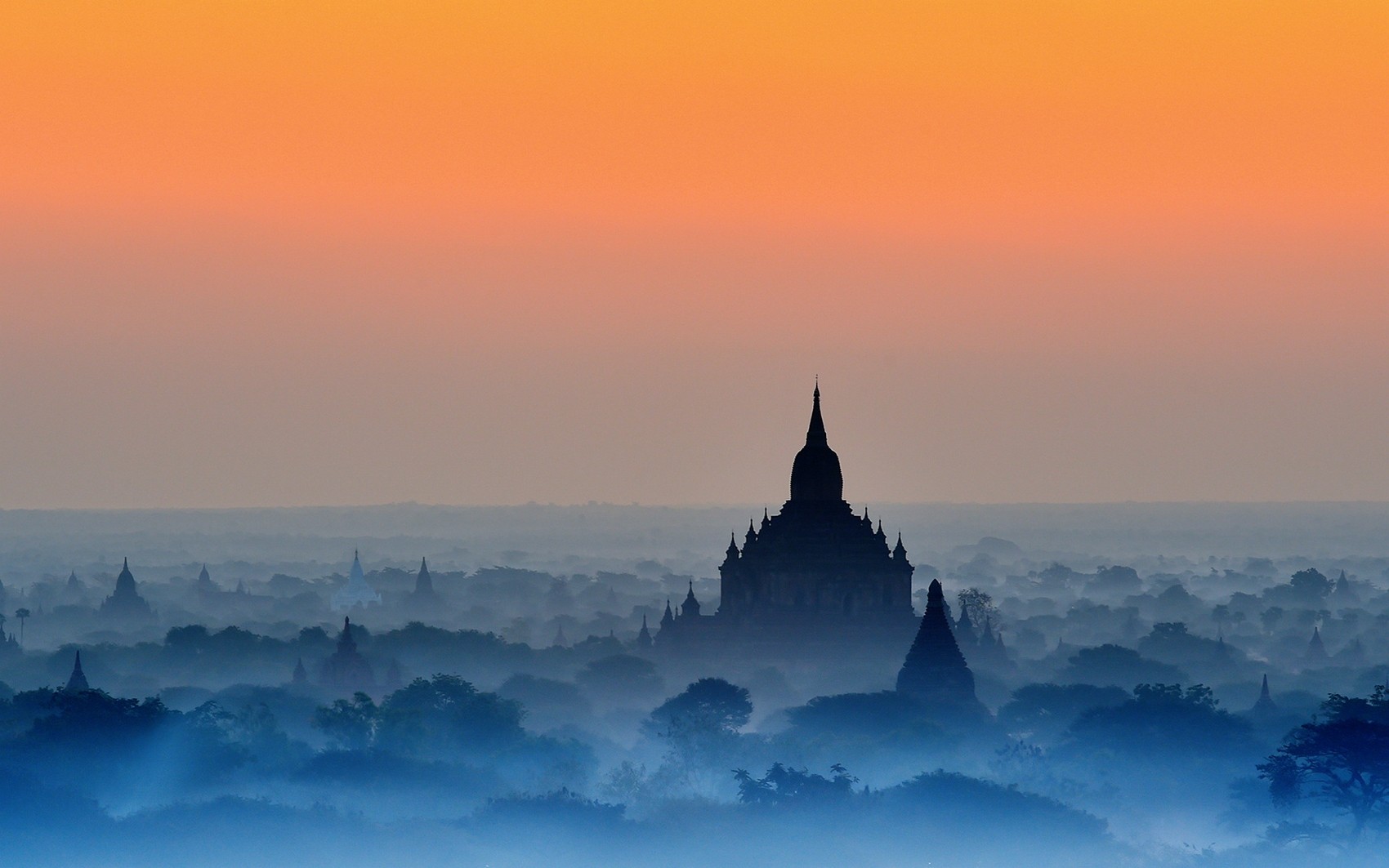 Nature Landscape Bagan Temple Mist Blue Trees Amber Sky Buddhism Myanmar 1700x1063
