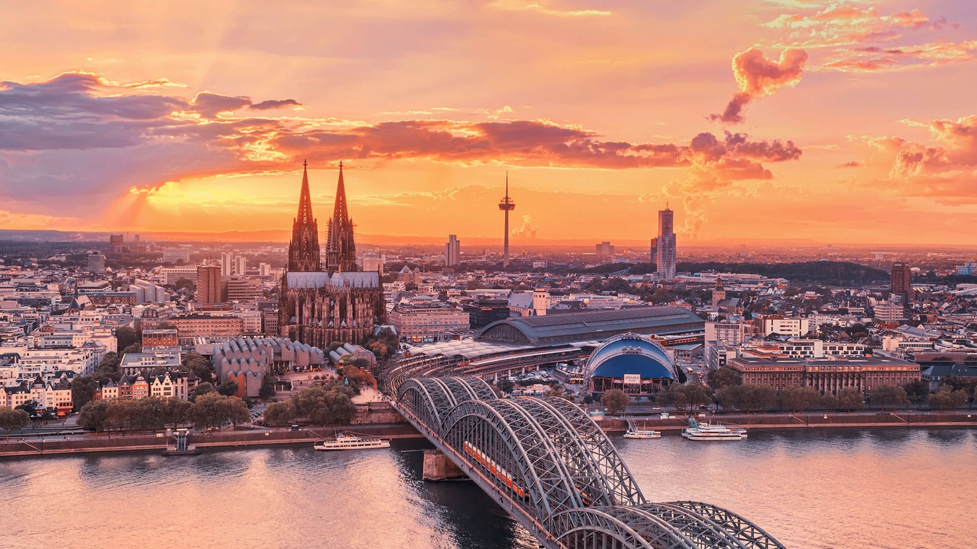 Germany Cityscape Sunset City Cologne Bridge Cologne Cathedral 1920x1080