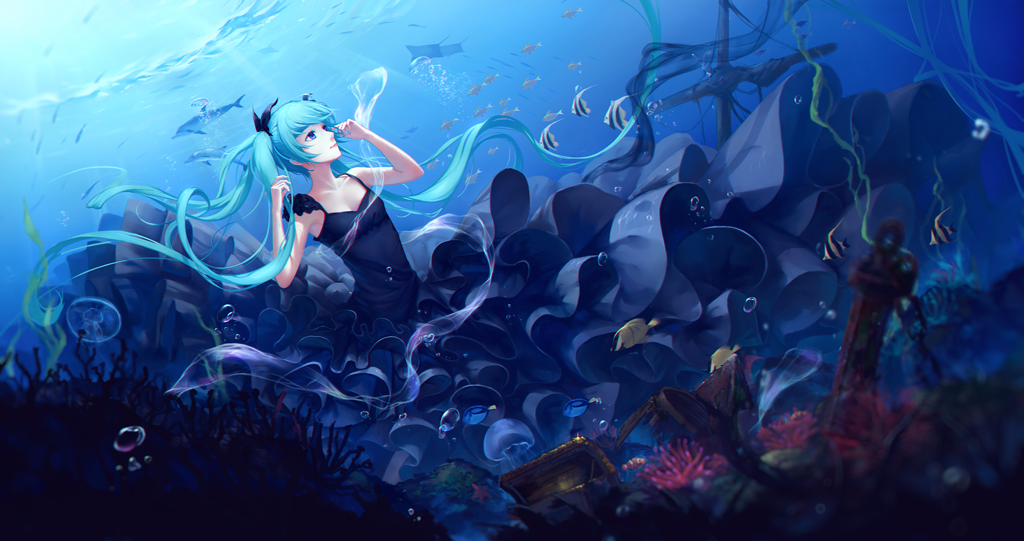 Vocaloid Hatsune Miku Long Hair Twintails Dress Underwater Fish Dolphin Sea Stingray Bubbles Anime G 2042x1080