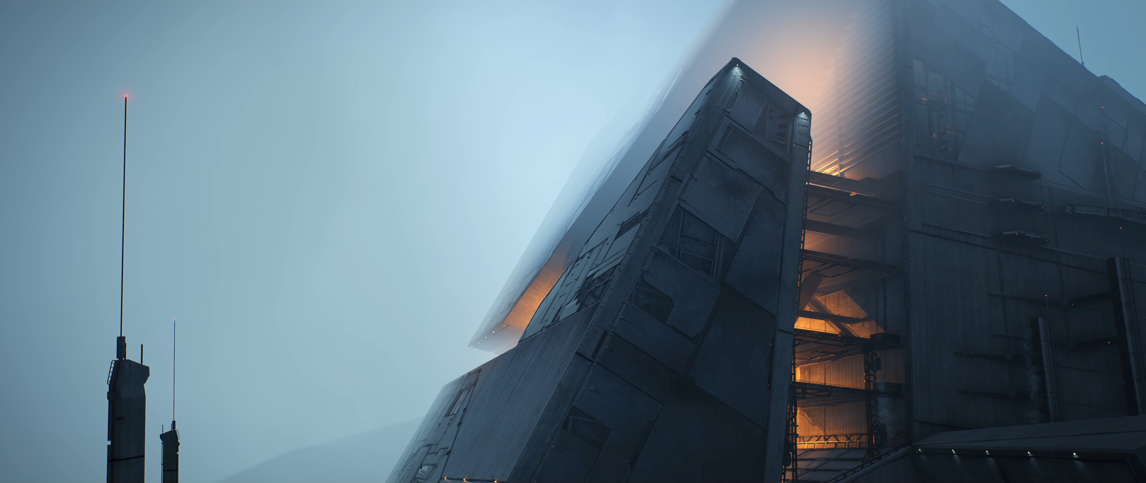 Digital Art Building Facade Lights Mist Unreal Engine 4 Iceland CGi Screengrab 3840x1620