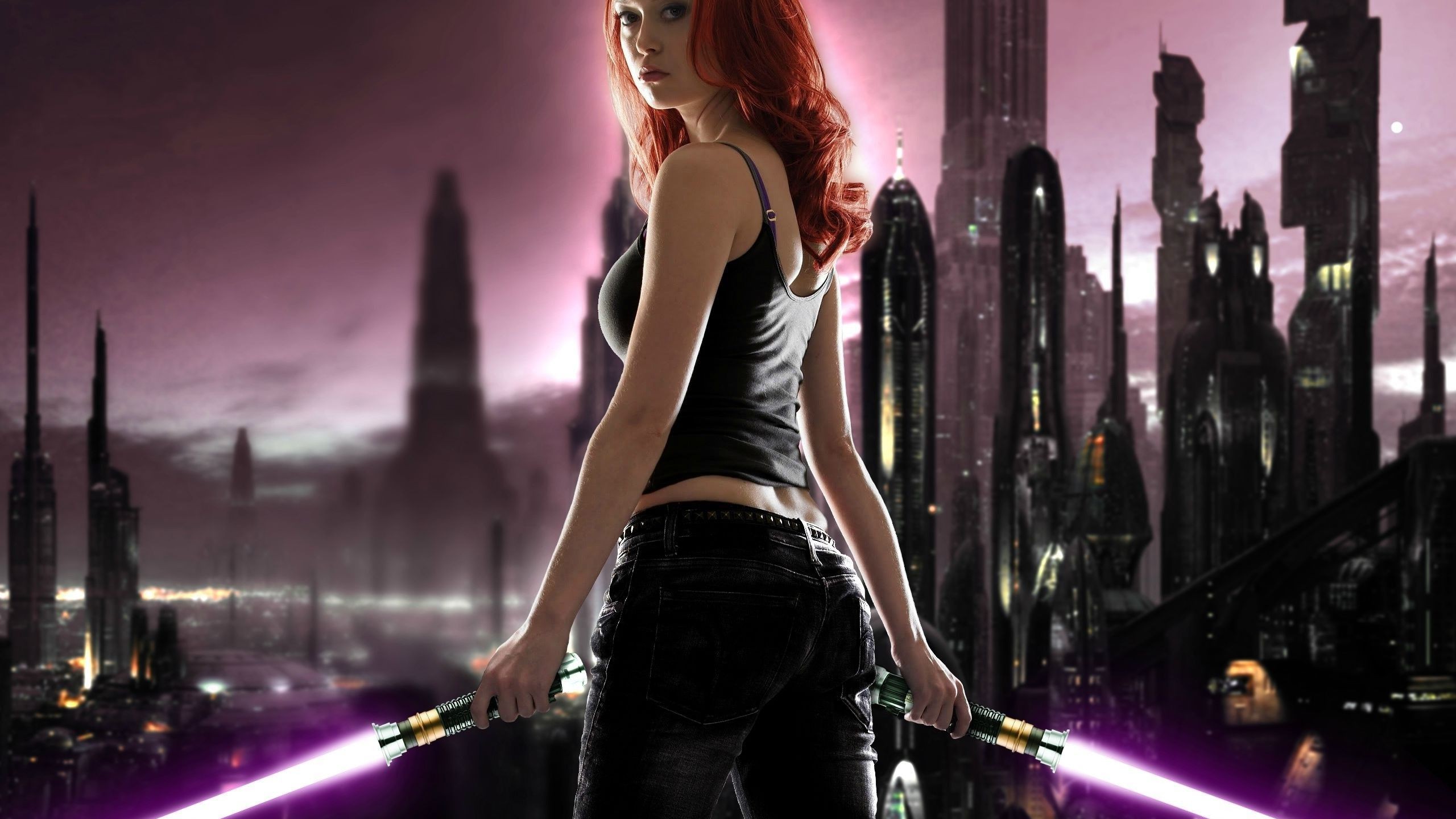 Lightsaber Mara Jade Redhead Summer Glau Jedi Coruscant Digital Art Women 2560x1440