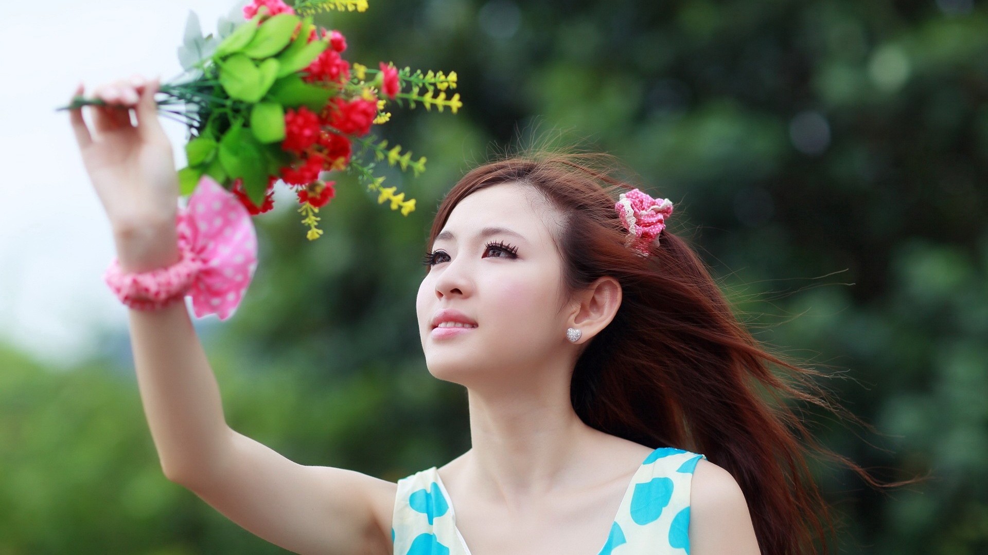 Women Asian Chingcho Redhead Long Hair Bouquets Windy Fair Skin 1920x1080
