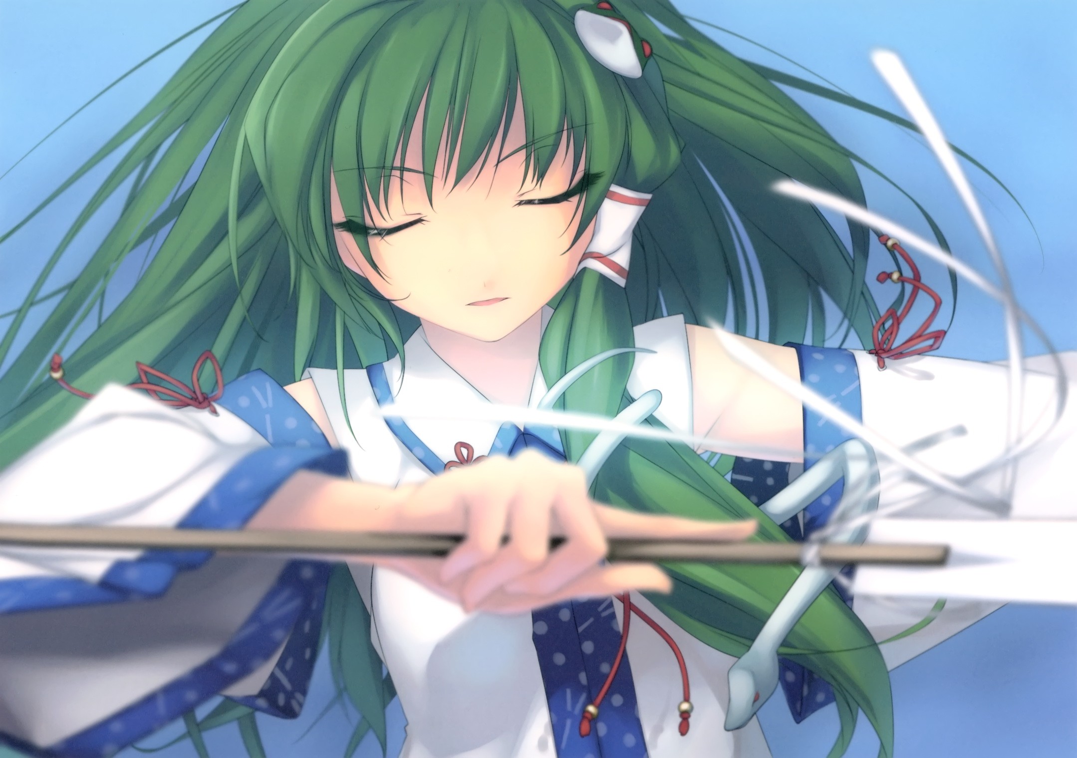 Touhou Anime Girls Video Games Kochiya Sanae Simple Background Long Hair Bangs Green Hair Hair Ornam 2158x1520