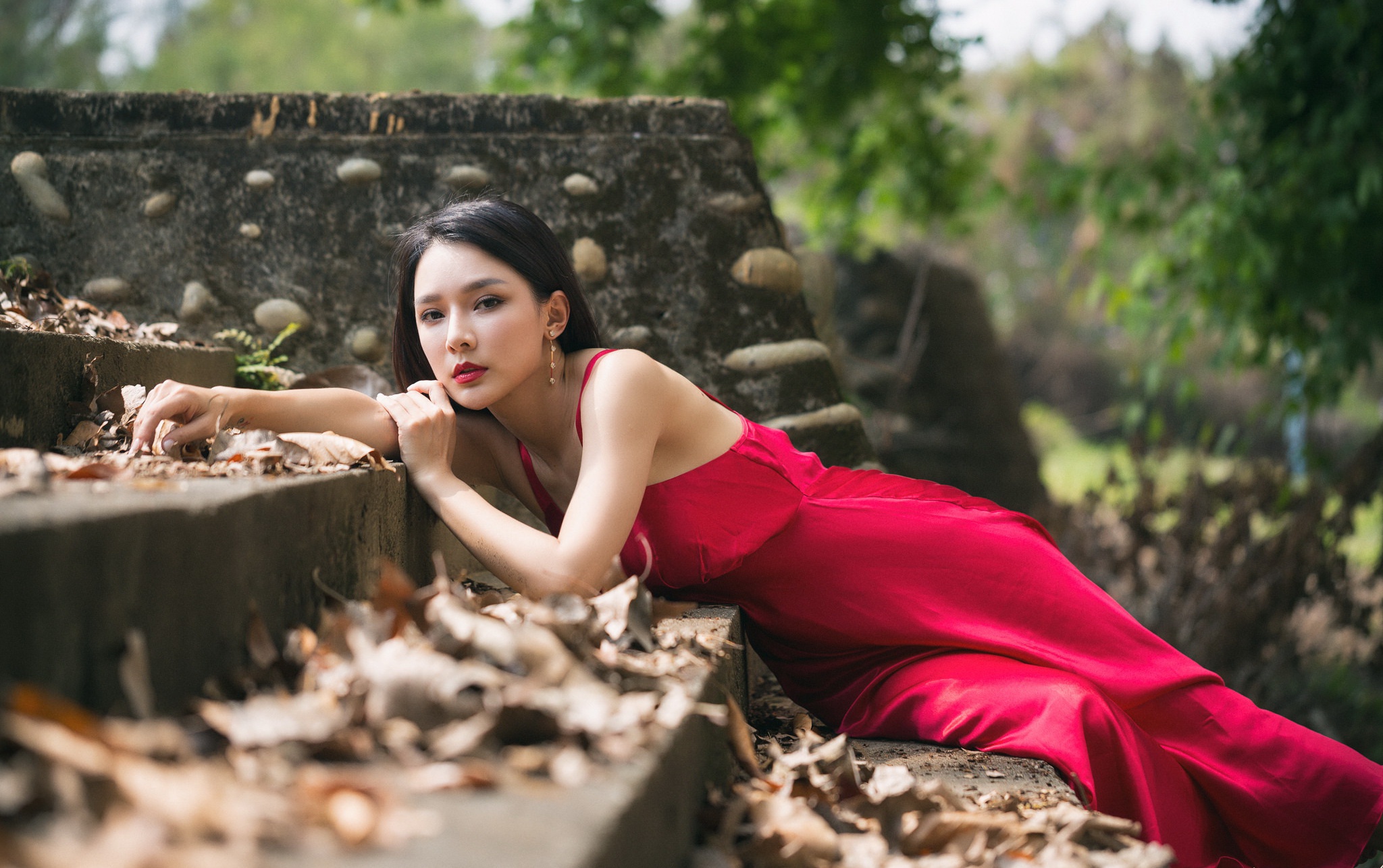 Asian Women Red Dress Rock Stairs Black Hair 2048x1286